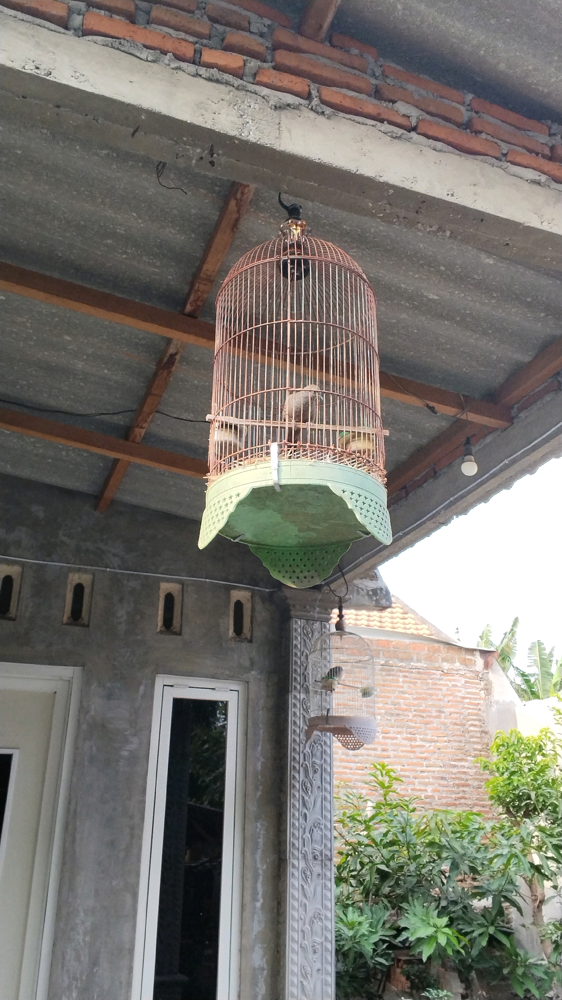 A large, circular, copper-colored birdcage hangs from a covered porch in what appears to be a residential area in Penompo, Indonesia. The cage contains at least two birds. The cage is suspended from a wooden beam under a corrugated metal roof. The porch structure is supported by concrete pillars and beams, with exposed wooden joists. To the left of the birdcage, a grey concrete wall features three rectangular vent openings and a tall, white-framed window with dark glass. In the background, a brick building with a red-tiled roof is visible, along with lush green foliage. A smaller, decorative birdcage with a bird inside hangs from another pillar further to the right. The overall scene suggests an outdoor domestic setting.