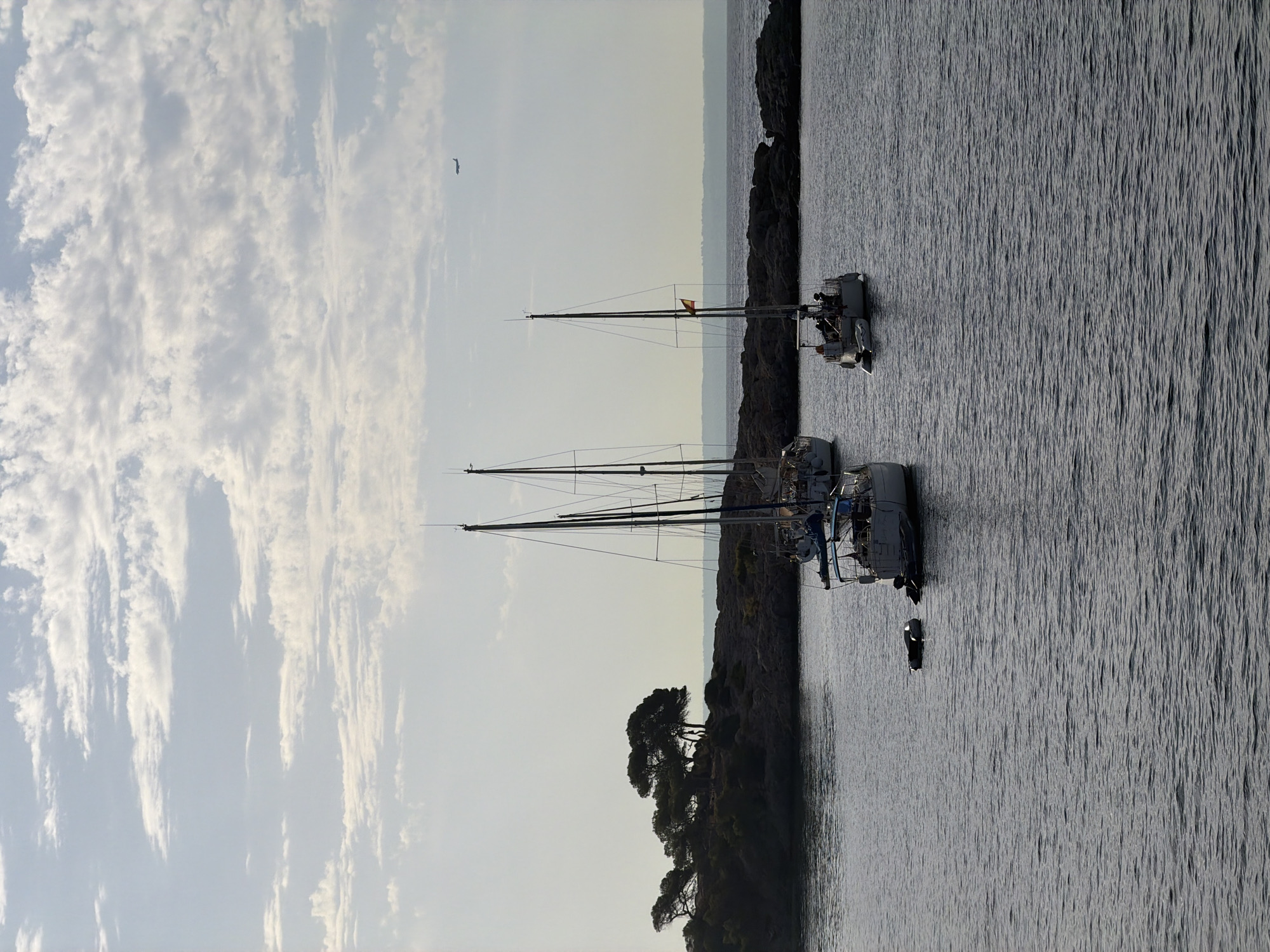 This is a medium-shot, vertical, eye-level, outdoor, daylight photograph of sailboats anchored in calm water off the coast of Calvià, Spain. In the foreground, the dark, rippling water dominates the lower half of the frame. Several sailboats are visible. Two are closer to the right side of the frame, with their masts extending upwards. The sailboat on the far right has a Spanish flag attached to its mast. Another sailboat is positioned centrally, closer to the water's surface and appears to be smaller than the other two. Two smaller dinghies are floating near the central sailboat. In the middle ground, a rocky shoreline is visible, sparsely covered with dark green vegetation and trees, with the silhouette of an island on the left. The background features a hazy horizon and a sky filled with scattered white clouds. A small airplane is visible in the upper right quadrant of the sky. The overall lighting suggests it is either early morning or late afternoon.
