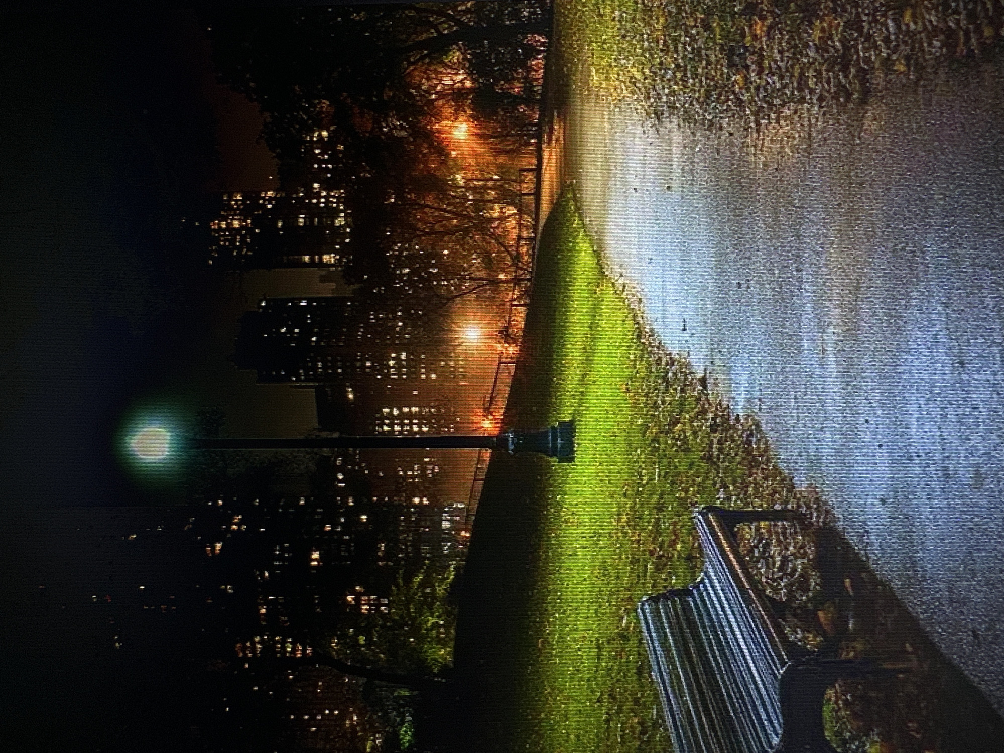 The image depicts a nighttime scene in a park with a city skyline in the background. A paved walkway curves through the park, bordered by grass and fallen leaves. A dark metal bench sits on the left side of the walkway. In the distance, illuminated buildings with many lit windows suggest an urban environment. A lamppost with a glowing light stands in the middle ground, casting a bright glow on the surrounding area. The overall atmosphere is serene and dimly lit.