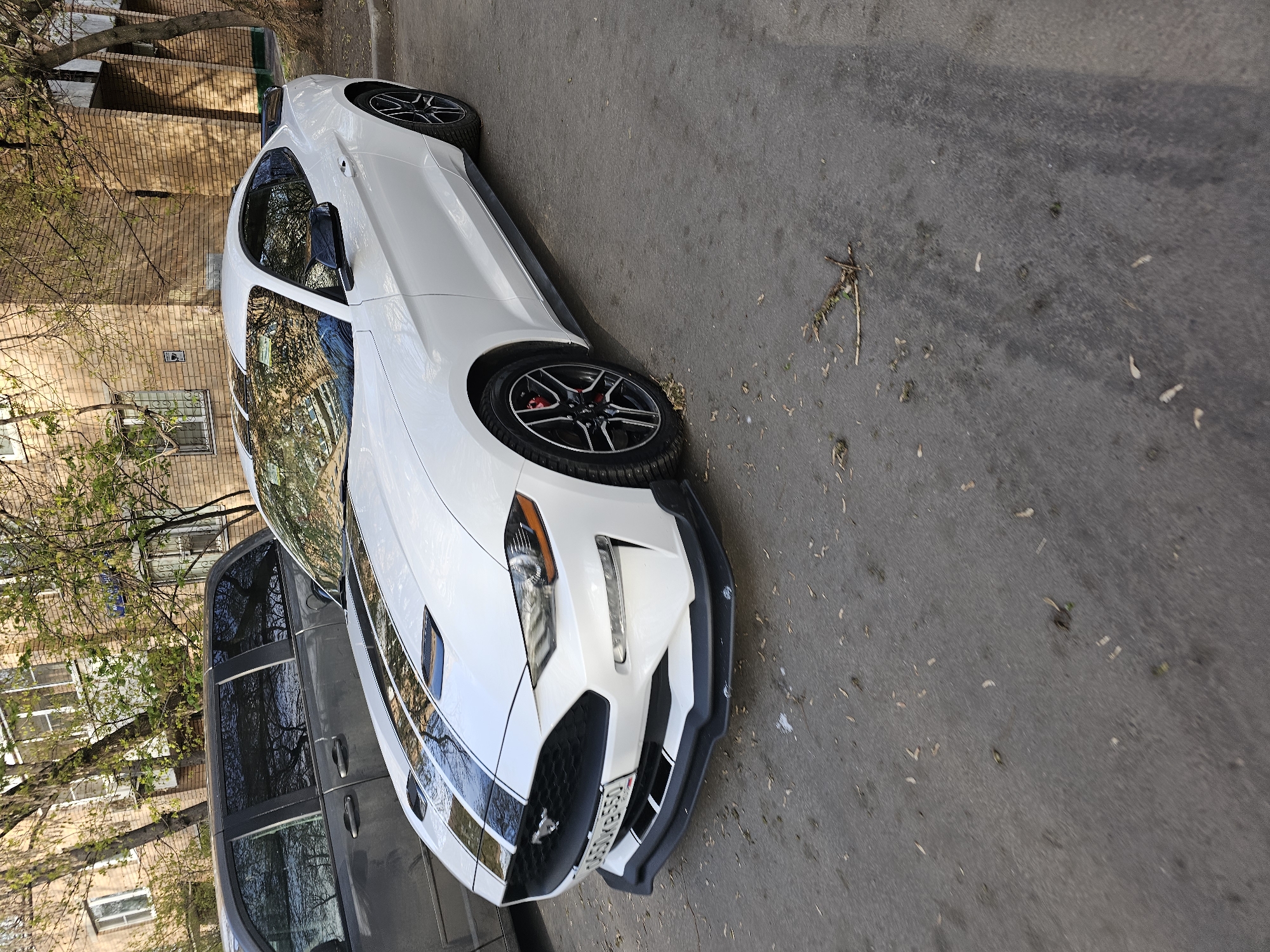 A white Ford Mustang with black racing stripes and a black front spoiler is parked on an asphalt street. The car has black alloy wheels with red brake calipers. It appears to be in Moscow, Russia, as the vehicle license plate is Russian and the surrounding architecture is typical of the city, featuring brick buildings and mature trees. A dark-colored SUV is partially visible parked next to the Mustang. The scene is outdoors in daylight, and the street is littered with some twigs and small debris.