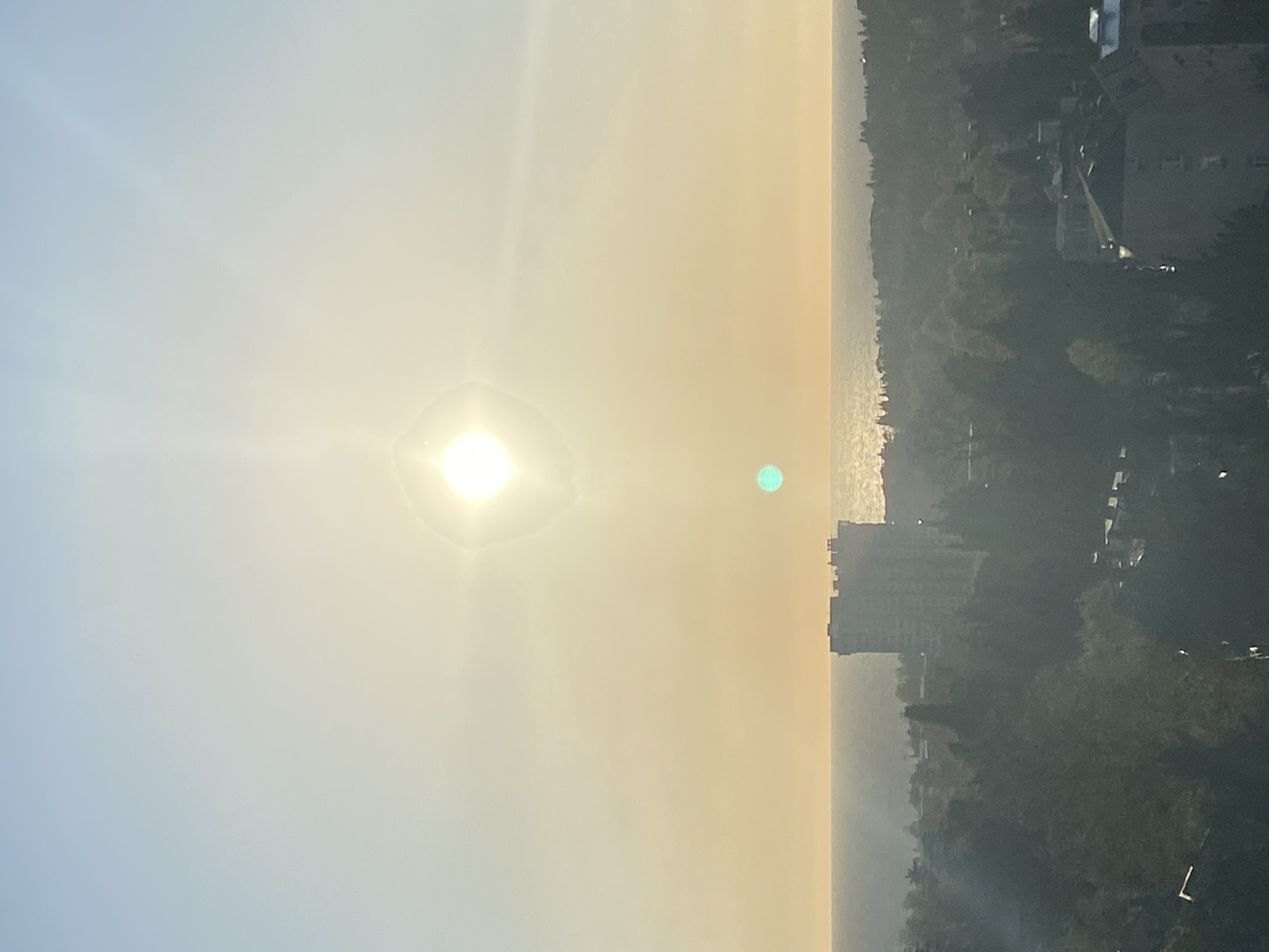 The image captures a hazy coastal landscape during either sunrise or sunset, viewed from an elevated perspective. The dominant feature is the bright, low-hanging sun, positioned in the upper-left, partially obscured by atmospheric haze. It emits a strong glare, surrounded by distinct lens flare effects including starburst rays and a circular halo. A notable turquoise/cyan circular light anomaly, also a lens flare, is visible below the main sun glare.
The sky, filling the upper portion of the frame, transitions from a pale blue in the top-left to a warm, hazy yellow and orange closer to the sun and the horizon. A distinct horizon line stretches horizontally across the mid-section, separating the hazy sky and sea from the land. The sea appears calm, with shimmering reflections on its surface from the sun.
The lower half of the image reveals a coastline with a dense, dark green strip of trees, suggestive of hills or mountains covered in vegetation. Scattered among the trees are several buildings. A prominent, multi-story, light-colored building stands out in the lower-right foreground. The overall atmosphere is misty or hazy, contributing to the soft, diffused lighting and slightly obscured details of the distant land. The scene evokes a sense of tranquility.
Given the context of Sochi, Russia, this view likely depicts the Black Sea coast with its characteristic hilly terrain and coastal development. No visible text is present in the image.