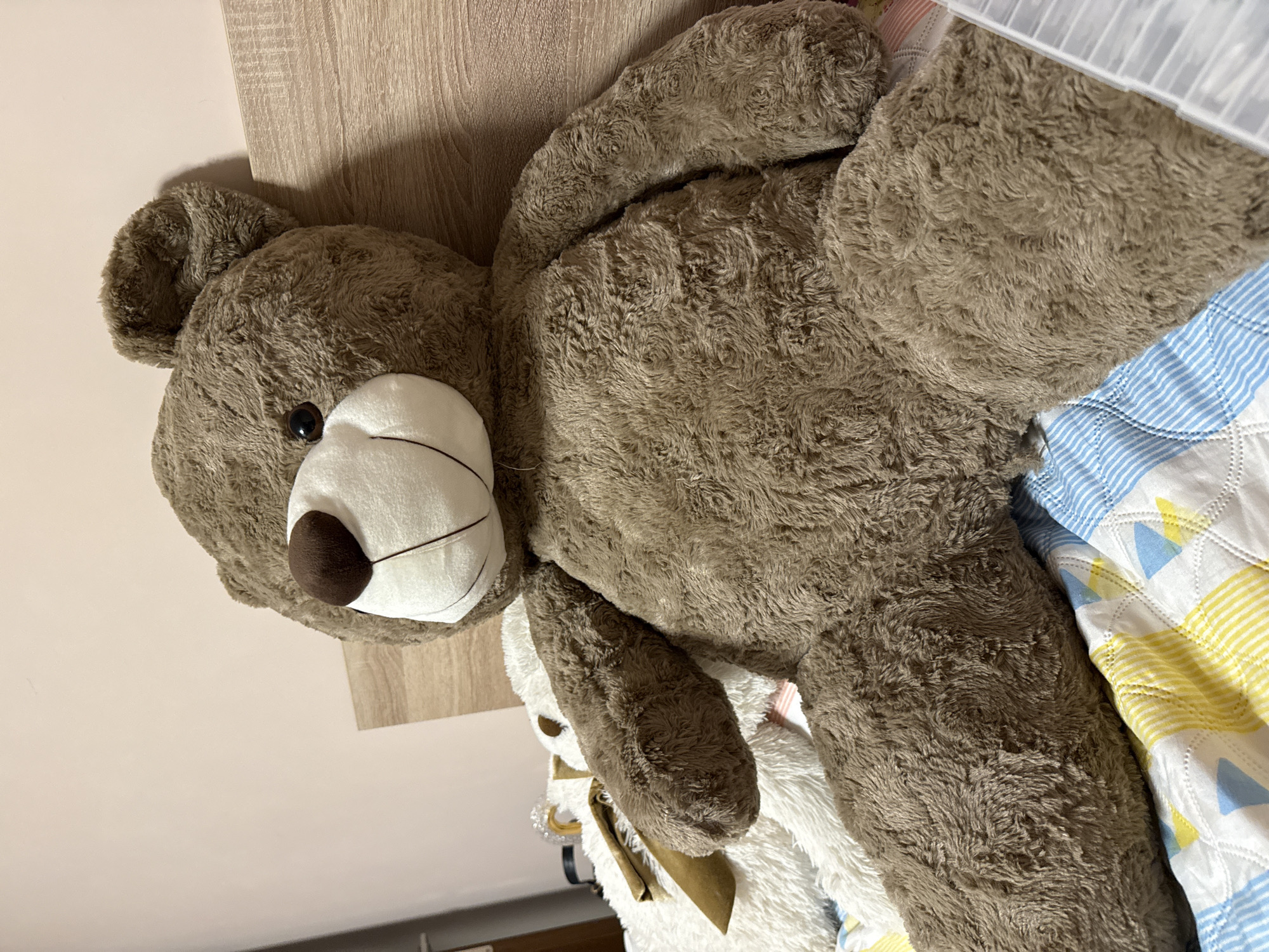 A large, brown teddy bear is lying on a bed. The bed is covered with a blue and yellow patterned quilt. A white teddy bear with a brown ribbon is partially visible under the brown bear. The scene appears to be indoors, possibly in a bedroom, with a wooden surface visible near the teddy bear's head. The location, Iarebichna, Bulgaria, is not discernible from the image.