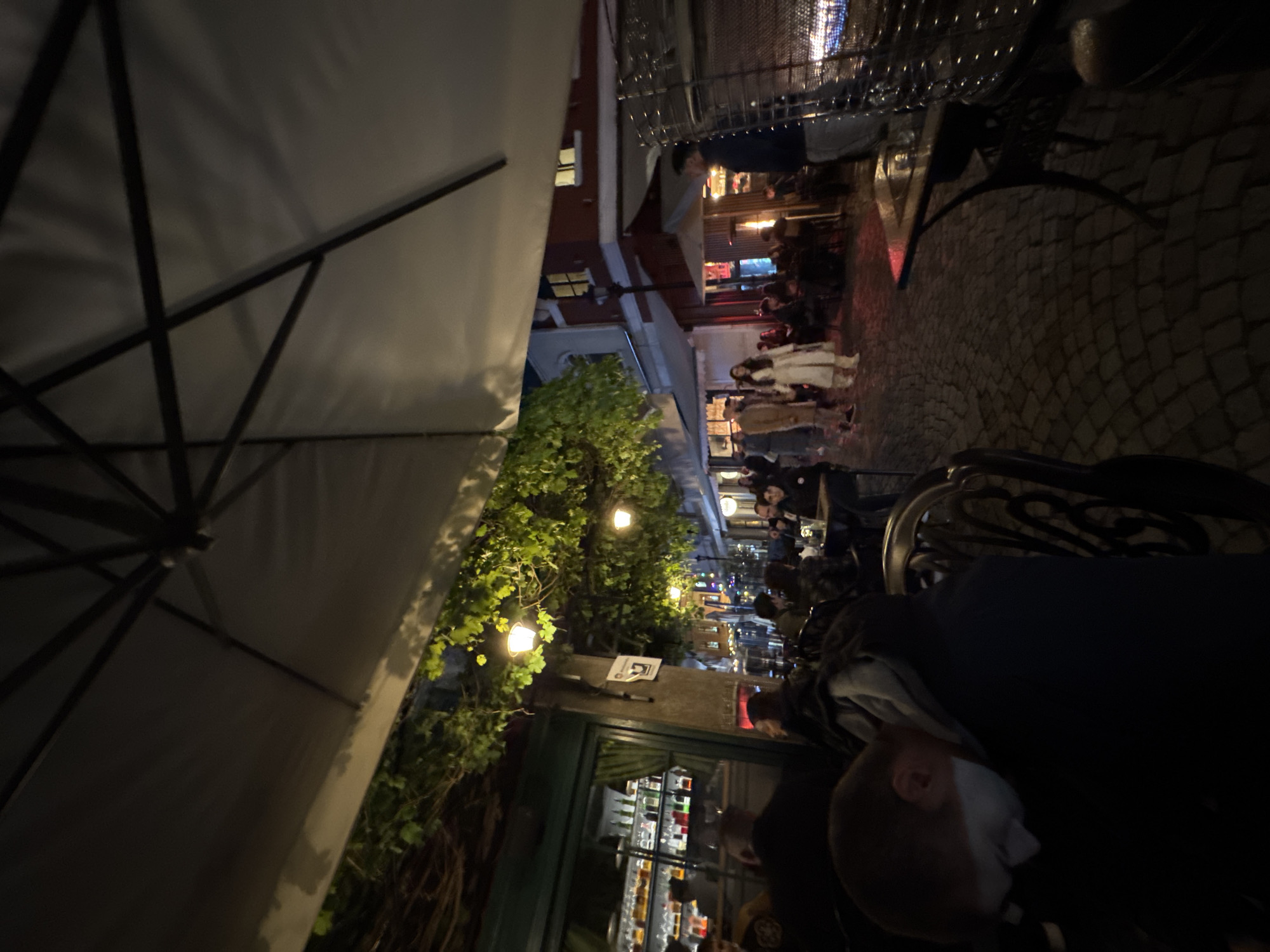 The image shows an outdoor restaurant scene in Plovdiv, Bulgaria. People are seated at tables, enjoying the evening. There is a large umbrella structure overhead. The restaurant has foliage around its entrance, with lights interspersed among the leaves. A bar area is visible inside. The street beyond the restaurant is paved with cobblestones and is lined with other establishments. A group of people walk along the street.