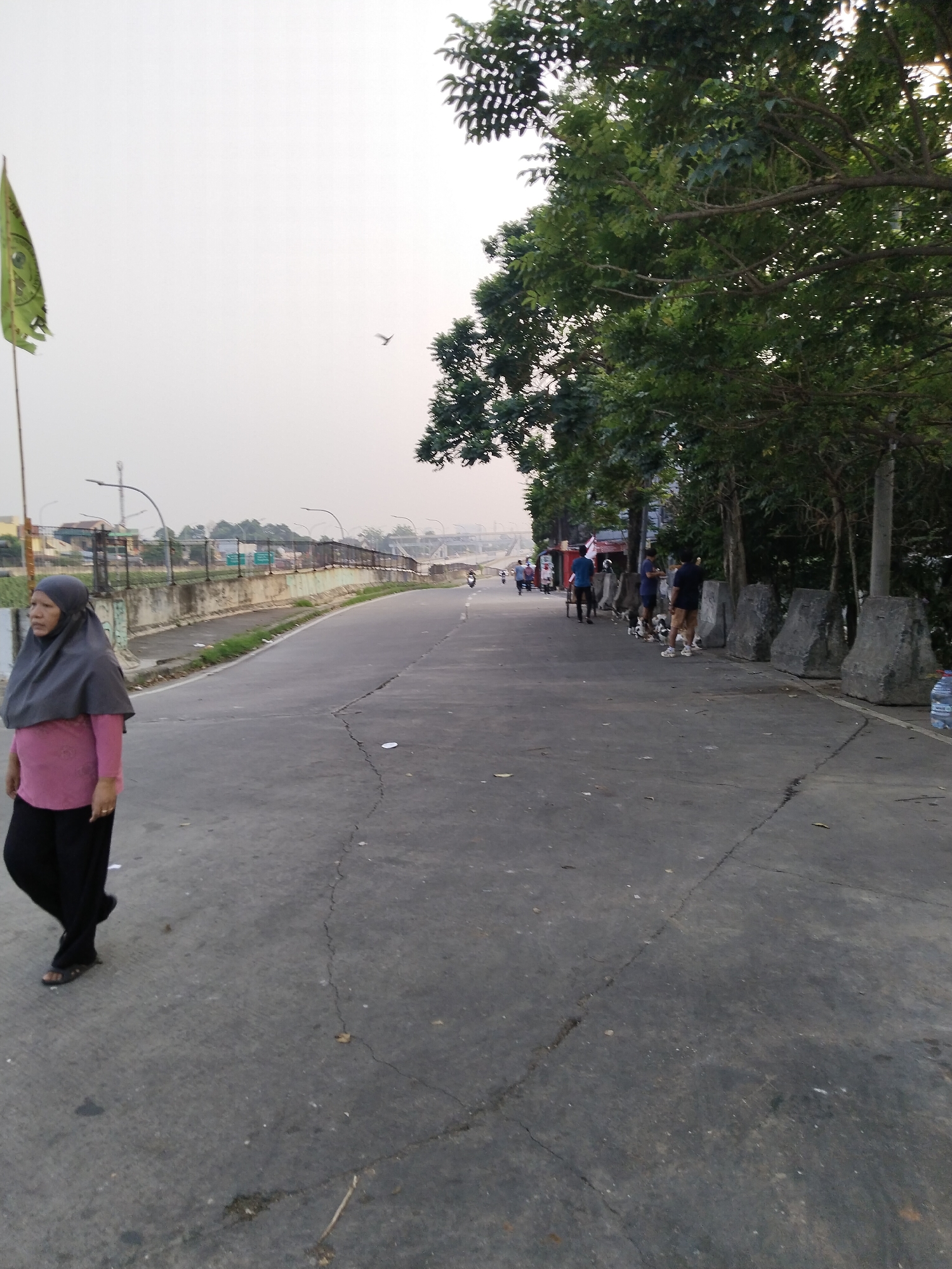 An outdoor, eye-level, full shot captures a woman walking on a cracked asphalt road in Depok, Indonesia. The woman, on the left side of the frame, wears a grey hijab and a pink shirt with black pants. She is walking towards the left of the frame. The road extends into the distance where it curves right. Several people are seen further down the road, some gathered near trees on the right side of the road, and others walking. A green flag on a pole stands near the left edge of the frame. The environment is overcast and appears to be a somewhat urban area with a raised concrete barrier and a fence along the left side of the road. Trees line the right side of the road, and a bridge is visible in the background.