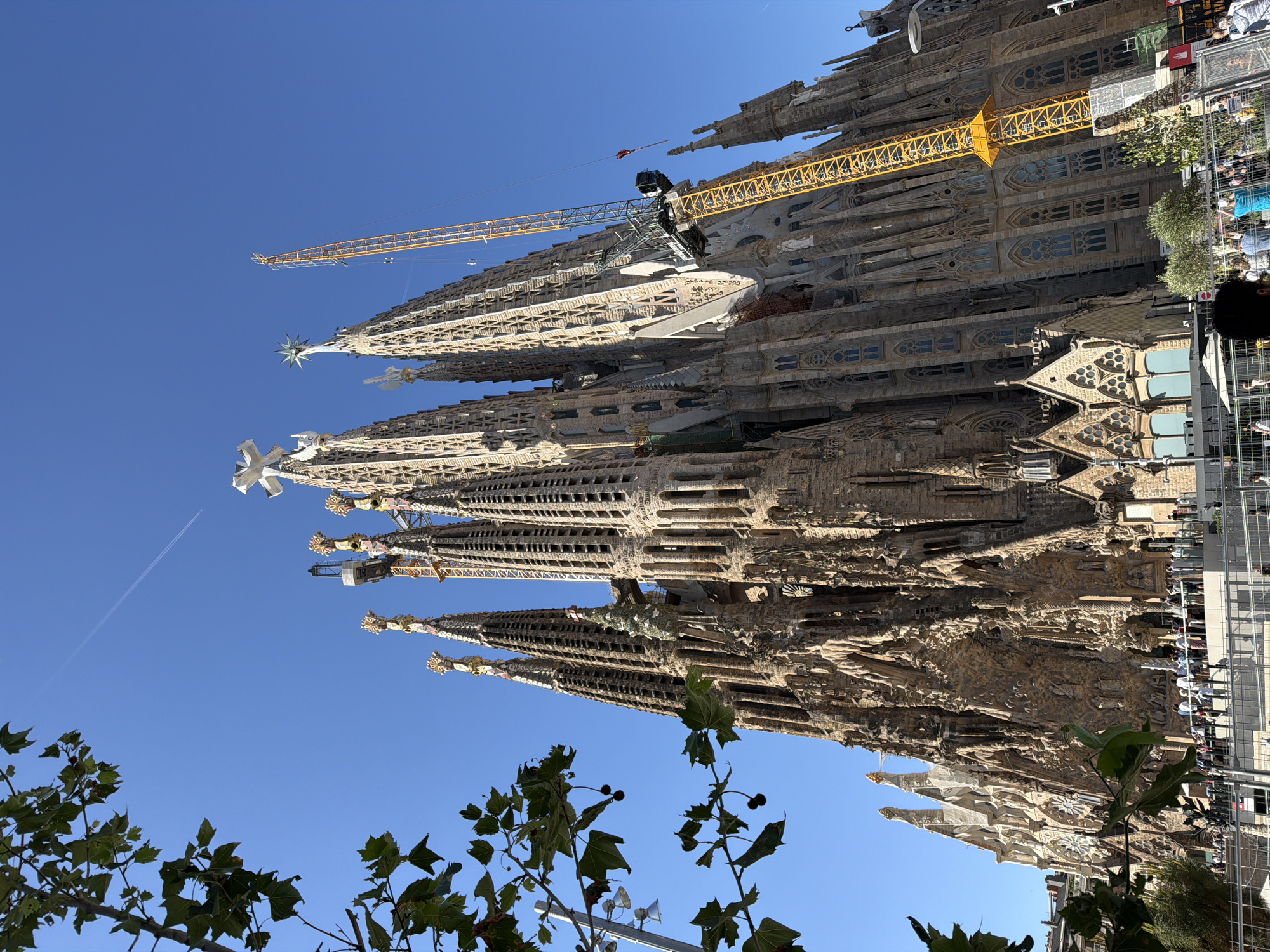 The image shows a low-angle, wide shot of the Sagrada Familia in Barcelona, Spain, on a clear, sunny day. The iconic basilica is a massive, intricately designed stone structure with multiple tall spires. One of the spires is topped with a white cross. Another spire has a star-like ornament. A large yellow construction crane is positioned to the right of the basilica, reaching high into the blue sky, indicating ongoing construction or renovation. In the foreground, there is a tree with green leaves on the left side of the frame. At the base of the Sagrada Familia, a crowd of people can be seen gathered behind a fence, suggesting it is a tourist attraction. The environment is urban, with glimpses of buildings and infrastructure in the background. The overall scene captures the grandeur of the Sagrada Familia amidst an active construction environment.