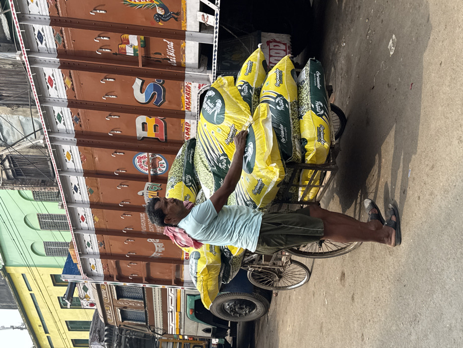 A man pushes a cart loaded with large bags of what appears to be Coriander seeds. The bags are yellow and green. The man is wearing a light blue shirt, green shorts, and sandals. A large brown truck is parked nearby, with colorful designs and writing on its side. The scene is on a city street.