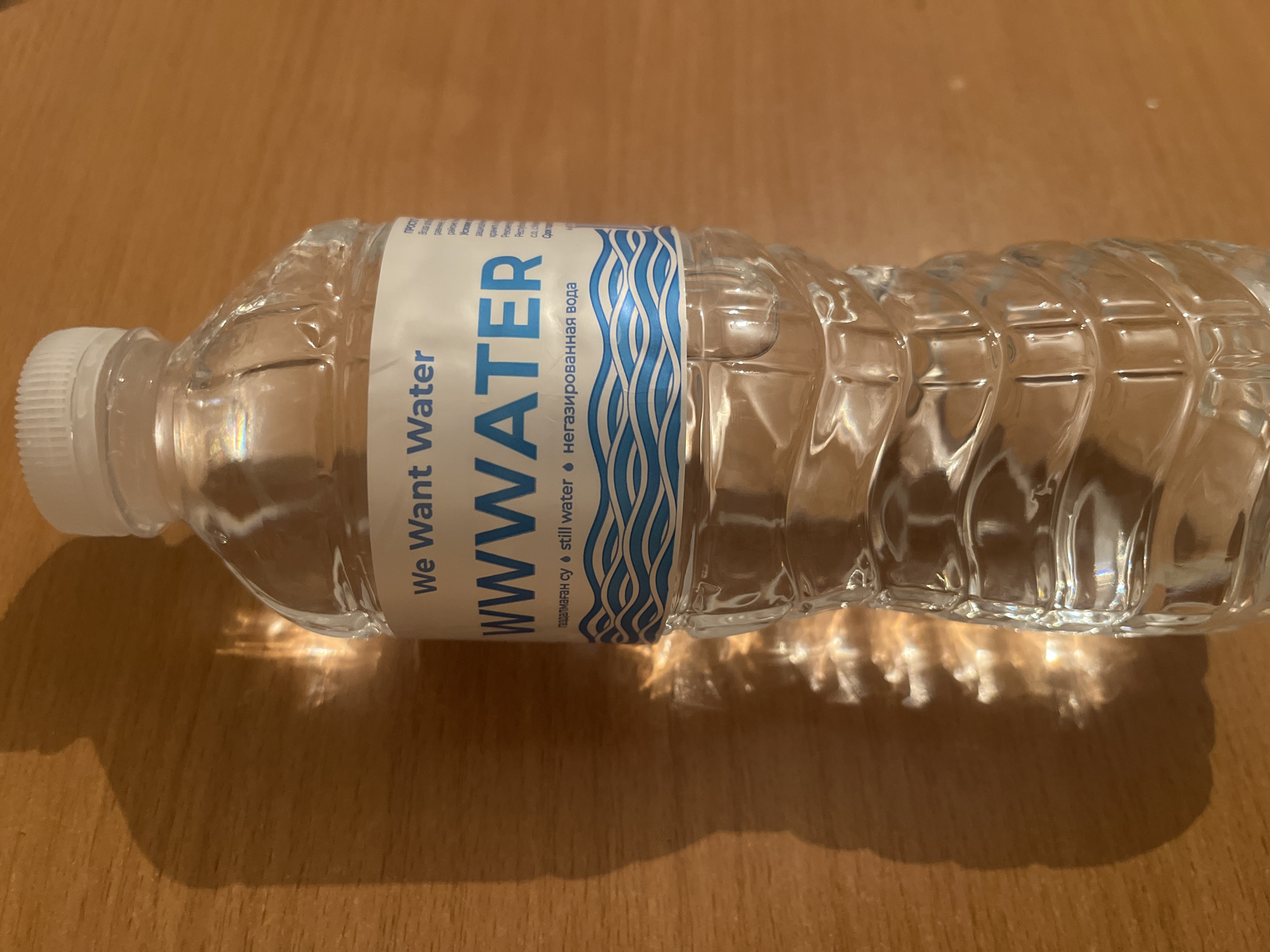 A close-up, waist-level shot shows a clear plastic bottle of water on a light brown wooden surface. The bottle has a white cap and a label with blue and white text. The text "We Want Water" is prominent on the label, followed by "WWWATER" in large blue letters. Below this, there are symbols and text in what appears to be Russian, indicating "still water" and "non-carbonated water." A wavy blue pattern is printed on the label. The background is blurred, showing the texture of the wooden surface and a dark shadow cast by the bottle and its contents. There are no people or animals present in the image. The image is taken from a slightly elevated angle looking down at the bottle. The scene is indoors, possibly in a home or office setting, given the wooden surface. The image does not contain any specific visual cues that would allow for a precise location within the city of Oskemen, Kazakhstan.