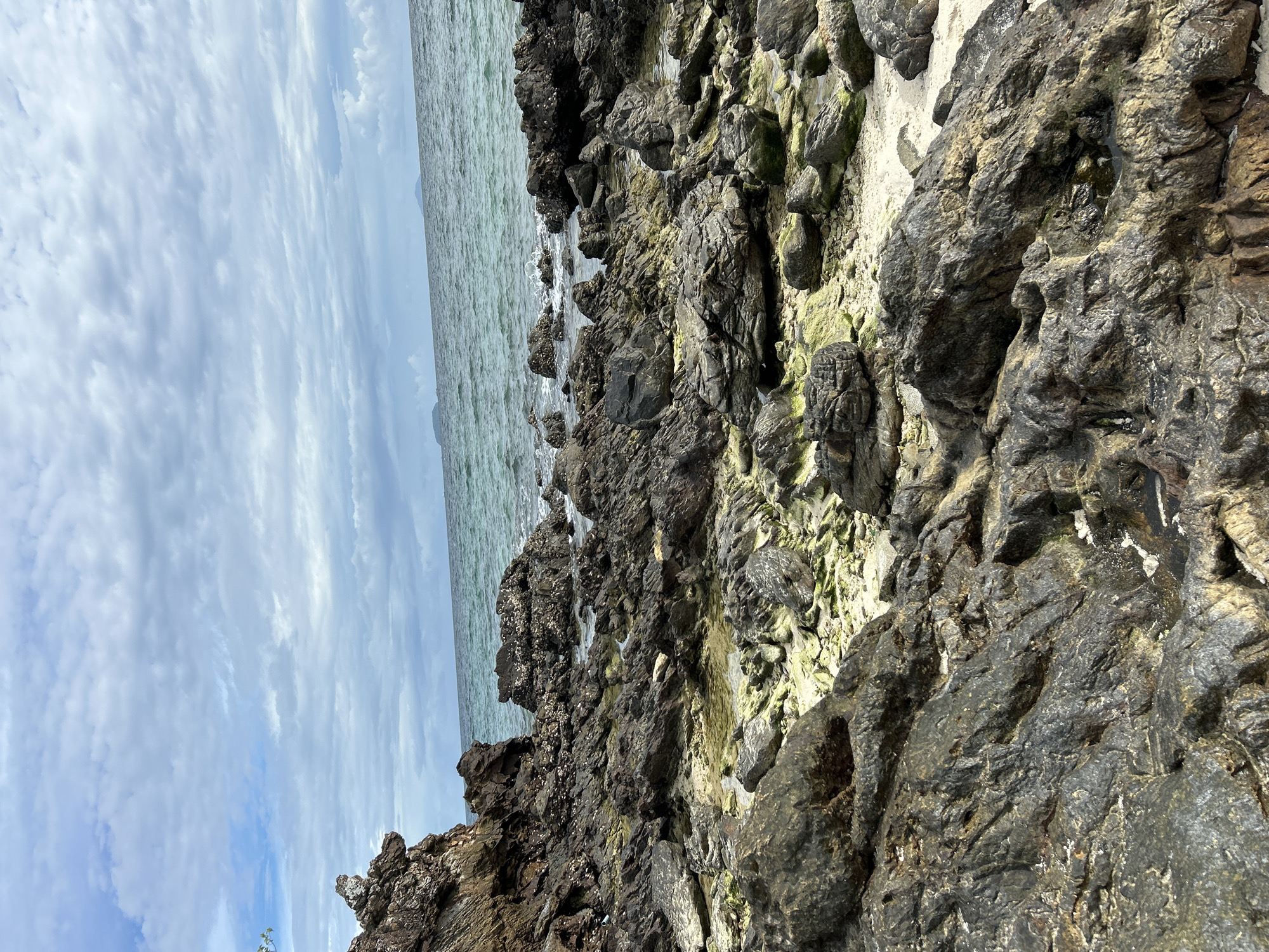 This is a photograph of a rocky coastline with the ocean and sky in the background. The image is oriented vertically, making the land appear to be on the right side and the sea on the left.
The foreground is dominated by dark, jagged rocks, some of which are covered in patches of green algae. The rocks are uneven and textured, with visible crevices and indentations. A small area of light-colored sand is visible between some of the rocks.
The ocean stretches across the left side of the frame, appearing slightly choppy with small waves breaking against the shore. The water is a muted greenish-blue color. In the distance, faint outlines of landmasses or islands can be seen on the horizon.
The sky above is filled with a layer of soft, wispy clouds that create a textured, cloudy effect. The clouds are a pale blue and white, suggesting either early morning or late afternoon, or an overcast day.
The scene depicts a natural coastal environment. There are no people or man-made objects prominently featured. The overall mood is one of natural beauty and tranquility, with a focus on the textures of the rocks and the vastness of the sea and sky. The location context provided is Tambon Phru Nai, Thailand, which is a coastal area known for its natural landscapes.