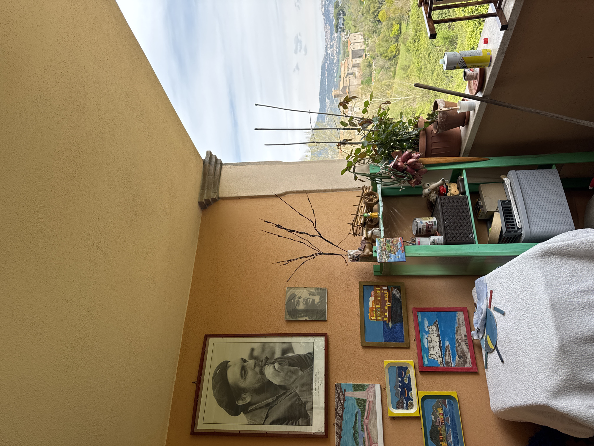 The image shows a balcony in Rignano Flaminio, Italy. A partial view of the city can be seen in the background. The balcony has an orange wall decorated with several framed pictures, including a large portrait of Che Guevara. A green shelf unit is present, holding plants, gardening tools, and other objects. A white cloth covers a portion of the shelf.