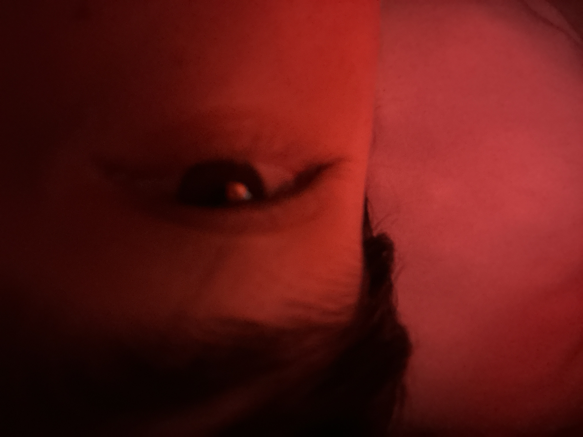 The image is a close-up, tightly cropped shot of a human face, heavily saturated in deep red hues. The primary subject is an open eye, likely the left eye, positioned on the left side of the frame. The eye is looking towards the right, with a visible pupil and a small, bright reflection. An eyebrow is subtly visible above the eye, and eyelashes are discernible.
The skin around the eye, including portions of the forehead and cheek, is rendered in various shades of red, from a dark maroon in shadowed areas to a brighter crimson where the light hits directly. Dark, indistinct shapes, likely hair, frame the lower and right side of the face, blending into the shadows. The background on the right side of the image is a lighter, more uniform shade of red, suggesting a soft, plain surface such as a blanket or pillow.
The intense red lighting dominates the scene, creating a distinct ambiance that suggests a dim or dark environment, possibly at night, illuminated by an artificial red light source. There is no specific activity depicted other than the eye being open, implying a state of wakefulness or observation in a resting posture. No text is visible in the image.