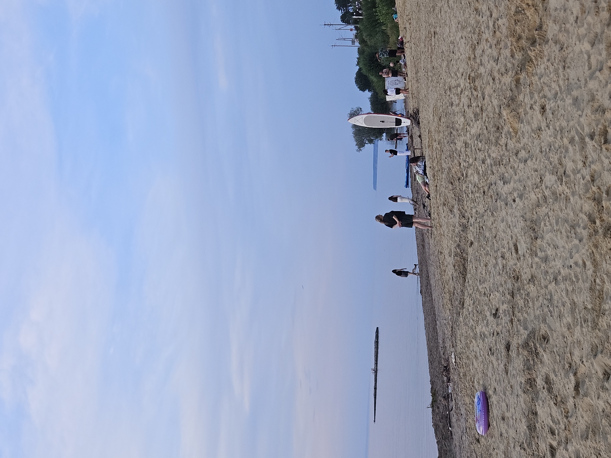 The image depicts a serene beach scene at dusk on the banks of the Volga River in Leninsky, Russia. A group of people are scattered across the sandy shore and in the shallow water, engaging in various activities. To the left, a purple inflatable ring rests on the sand. Further down the beach, several individuals are standing and interacting, some with paddleboards nearby. One person is lying on the sand, while others are wading in the water. In the distance, a long, narrow structure, possibly a pier or breakwater, juts out into the calm river, with a few figures visible on it. The sky is a soft gradient of pale blue and grey, indicative of twilight. The environment is natural and tranquil, with sparse vegetation and trees lining the distant shore.