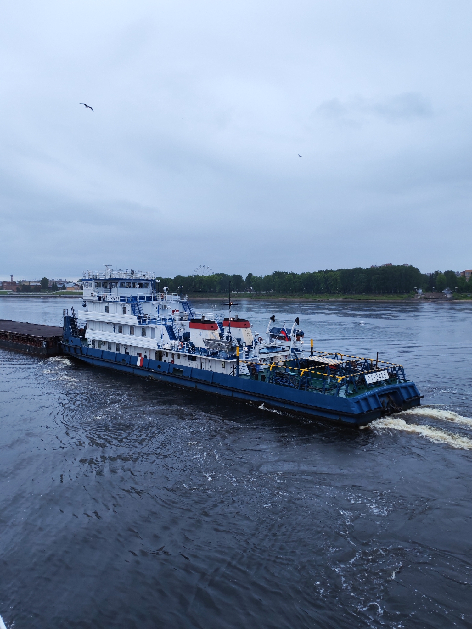 The image depicts a blue and white river tugboat towing a barge on a body of water. The tugboat has the identification number "OT-2425" visible on its rear and side. Behind the tugboat, on the far bank, there is a cityscape with trees and a Ferris wheel. Two birds are flying in the cloudy sky above. The water is dark and choppy, with foam and waves around the tugboat's stern. The location is a city with an unknown name.