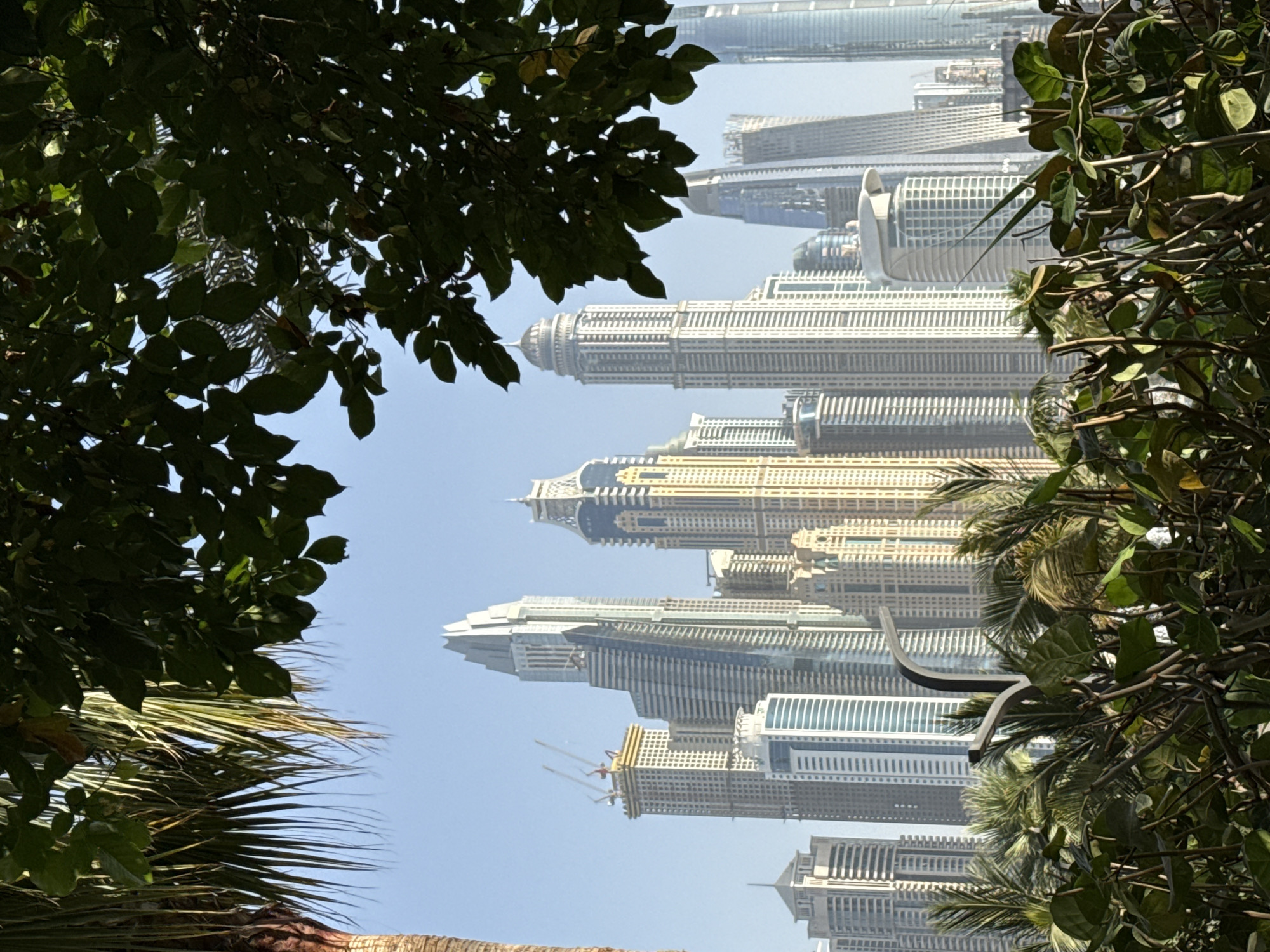 The image shows a partial view of the Dubai Marina skyline, United Arab Emirates, framed by foliage. The buildings are high-rise residential and commercial structures, indicative of a densely populated urban environment. Visible architectural details include sharp angles, glass facades, and various patterns. The sky is pale blue, suggesting either early morning or late afternoon lighting conditions. Green foliage from trees and bushes frames the buildings. An object, possibly a sculpture or part of the landscaping design, is visible amongst the leaves. The scene appears to be photographed from a ground-level perspective.
