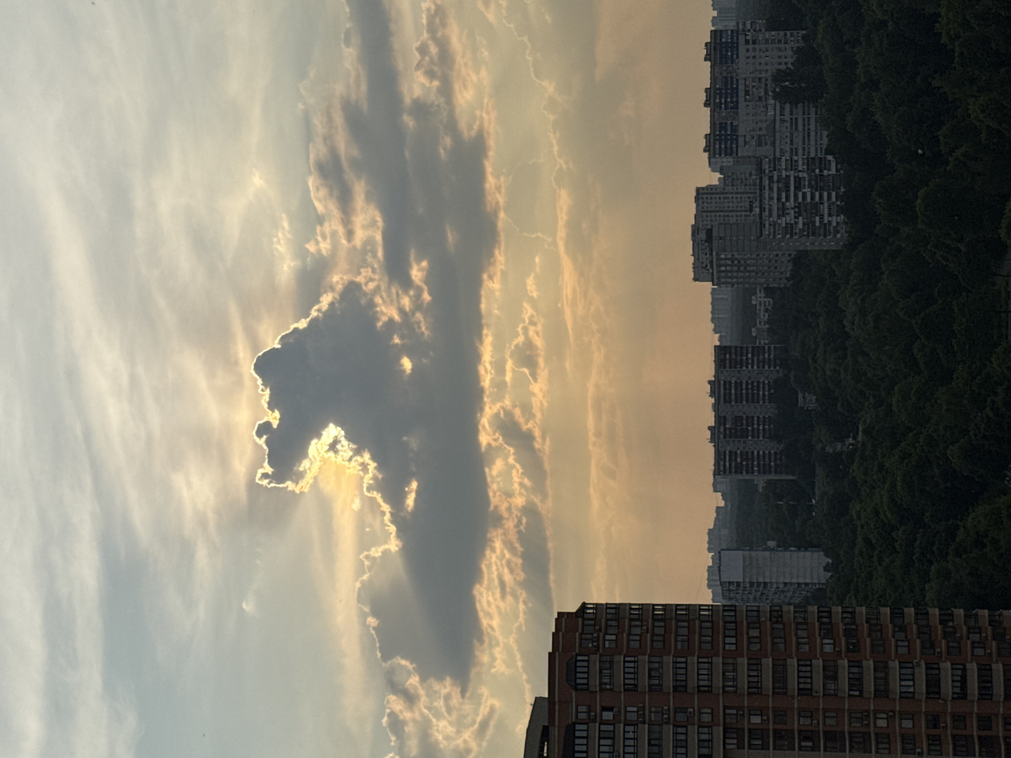 The image depicts a cityscape during sunset, likely in Moscow, Russia. The sky is filled with clouds, with the sun partially obscured by a large, dark cloud that has a bright, glowing edge. Rays of sunlight are visible, casting a warm, golden hue across the sky and illuminating the clouds. In the foreground, on the left side of the image, is a tall, brick residential building with numerous windows. In the mid-ground and background, a dense canopy of dark green trees stretches across the landscape, interspersed with several high-rise apartment buildings of varying architectural styles and colors. The overall scene conveys a sense of urban environment bathed in the soft, fading light of the setting sun. There are no people or animals visible in the image.