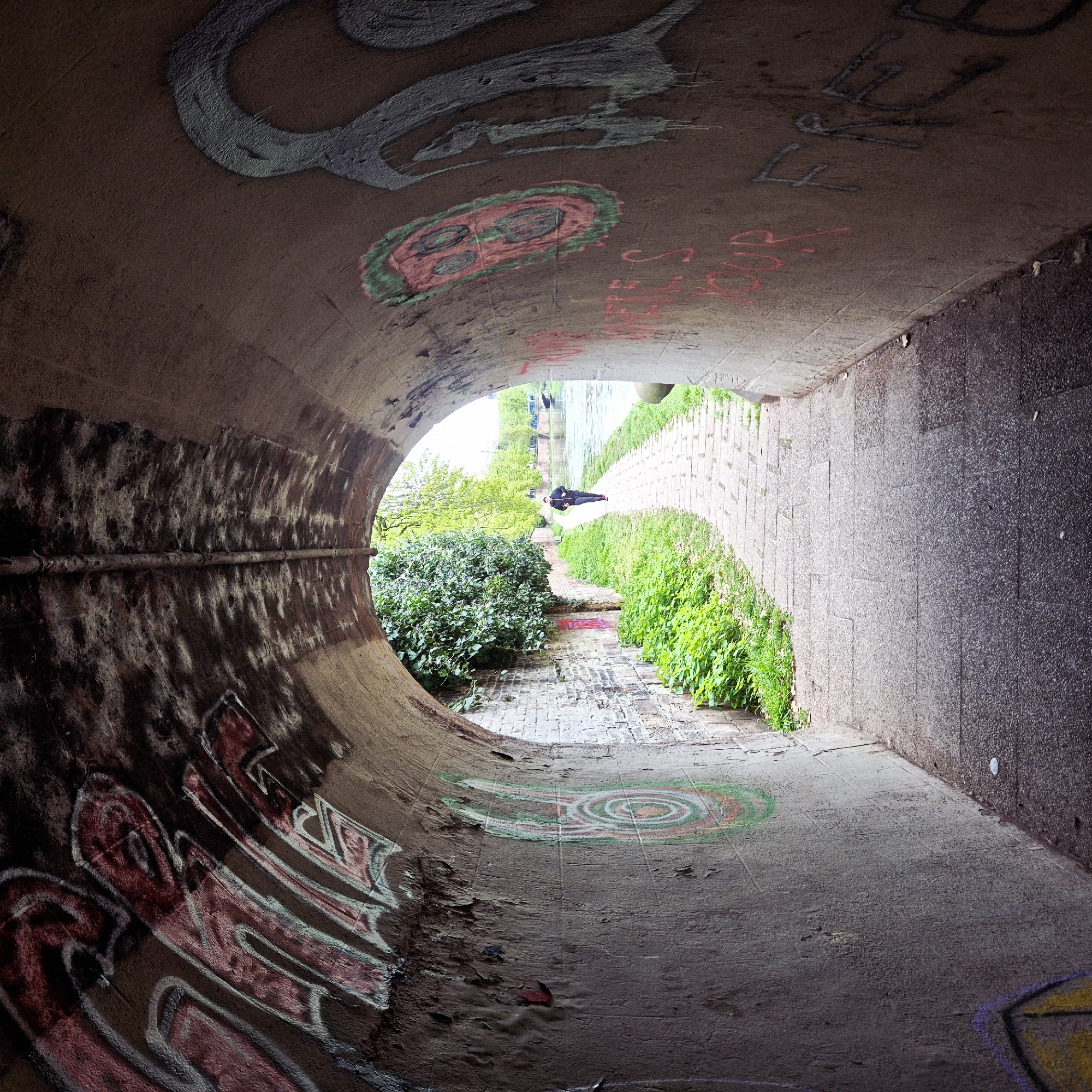 A slightly high-angle, eye-level indoor shot depicts the interior of a graffiti-covered concrete tunnel in Strasbourg, France, as the passage frames the view toward the sunlit outdoors. The tunnel is wide and gently curves to the left, with concrete walls marked by graffiti and decay. On the left side, the wall is heavily textured with dark stains and patches of what seems to be flaking paint, while the right side shows a smoother concrete wall. Graffiti includes scribbled letters, abstract shapes, and colorful doodles in red, green, white, and black.
Outside the tunnel, a narrow brick path leads to a patch of green bushes and then to an open, green area where there is a pedestrian standing in black. Green plants grow on the right side of the path, next to a stone wall. The sky and some trees are visible in the background, indicating daylight. The light at the tunnel entrance casts a bright glow on the path.