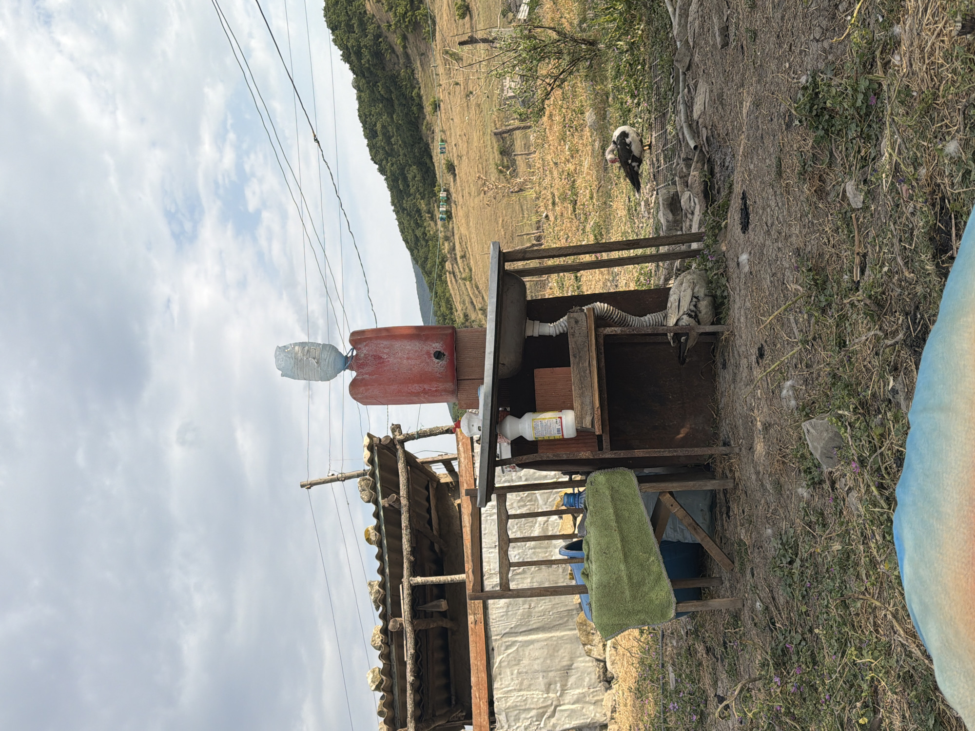 The image depicts an outdoor scene with a makeshift sink and water dispenser in the foreground, situated in a rural area with a hilly, tree-covered landscape in the background. The sink is constructed from a metal basin and wooden supports, with a large plastic water bottle perched atop a red plastic container, serving as a reservoir. A bottle of cleaning solution is visible next to the sink. A green towel is draped over a wooden chair positioned to the left of the sink.
Two ducks are present in the scene. One duck, with black and white plumage and a reddish head, is standing to the right of the sink area. Another duck, partially visible, is near the base of the sink structure.
Behind the sink area, there is a simple structure with a corrugated roof, appearing to be a shelter or storage shed. Power lines run overhead, indicating the presence of electricity. The ground is dry and covered with sparse vegetation, rocks, and some scattered debris. The background features a rolling hillside with scattered trees and some distant, small structures, possibly bee hives. The sky is overcast with scattered clouds.
The location is identified as Köhnə Quşçu, Azerbaijan. The overall impression is one of a rustic, functional outdoor setup in a natural, somewhat undeveloped setting.
