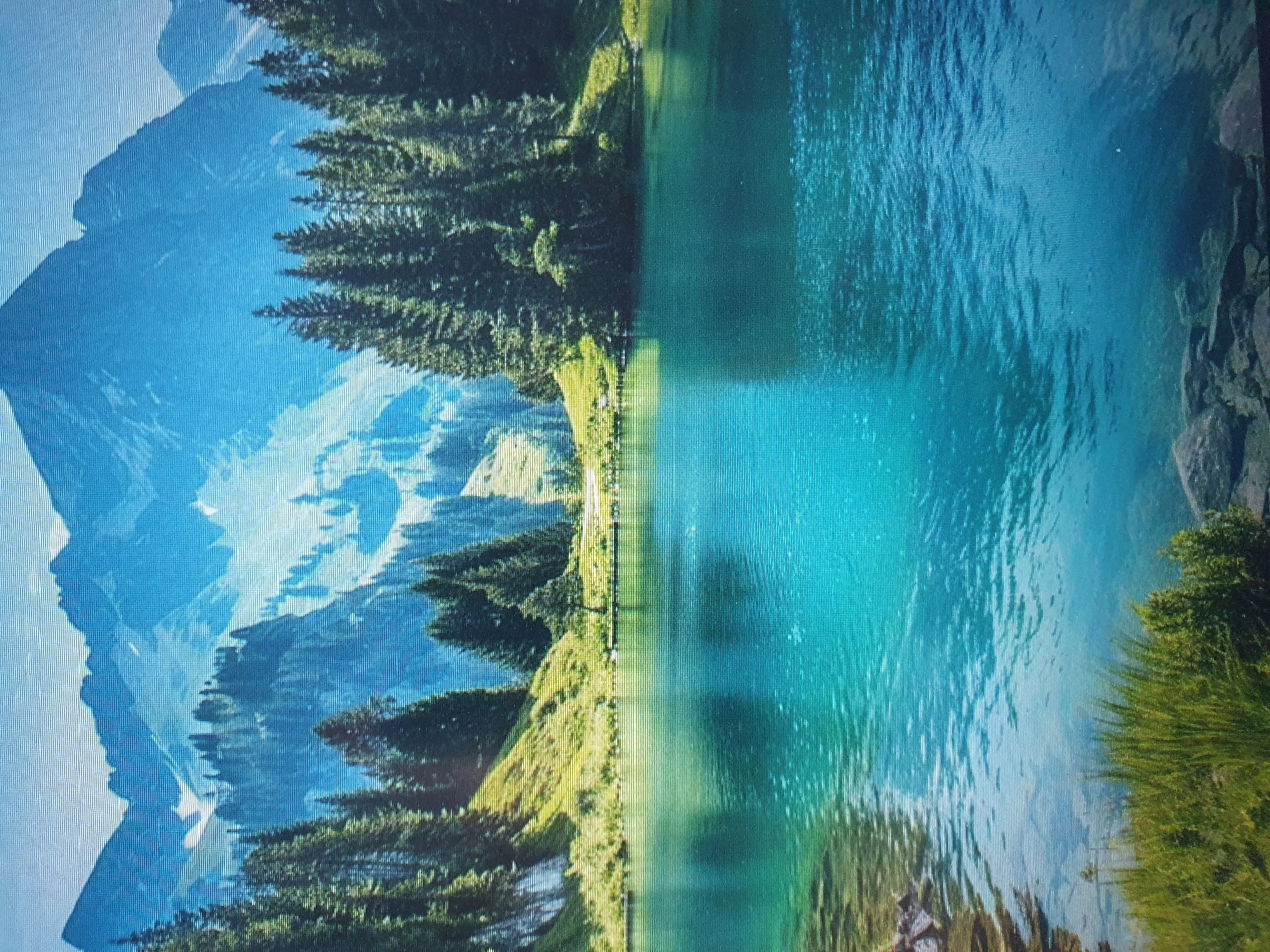 The image depicts a serene mountain lake scene. The foreground is dominated by a body of clear, turquoise water, with ripples suggesting a gentle breeze. On the left bank, lush green grass and some rocks are visible. The middle ground features a steep, grassy slope dotted with evergreen trees, leading up to a dense forest. In the background, majestic mountains rise, their peaks veiled in a soft blue haze, indicating distance and possibly atmospheric conditions. The sky is a pale blue. There are no people or animals visible in the image. The scene evokes a sense of tranquility and natural beauty. This image is not located in Tashkent, Uzbekistan.