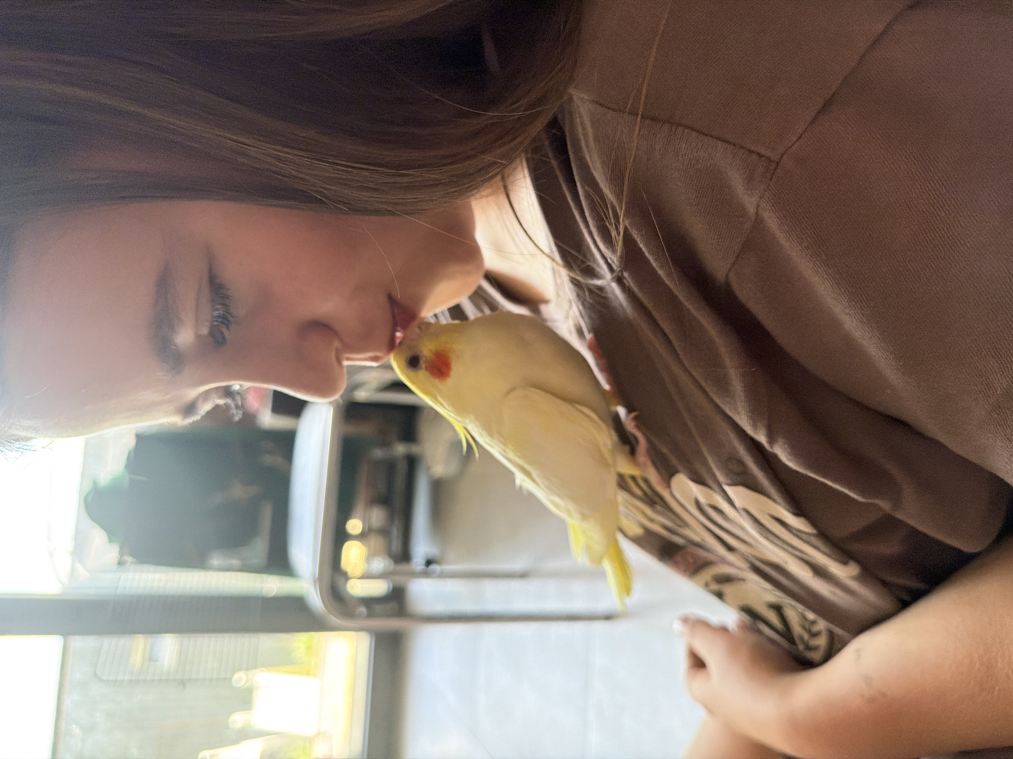 A young girl with long brown hair is shown in a close-up, profile view, as a yellow cockatiel perches on her shoulder and nuzzles her lips. The girl is wearing a brown t-shirt with a floral pattern. The background is blurred, but appears to be an indoor setting with a large window or glass door letting in bright natural light. Some furniture and objects are visible in the background but are out of focus. The interaction between the girl and the bird suggests a moment of affection and connection. The environment appears to be a home in Kamianka-Buzka, Ukraine, likely during daylight hours given the strong illumination.