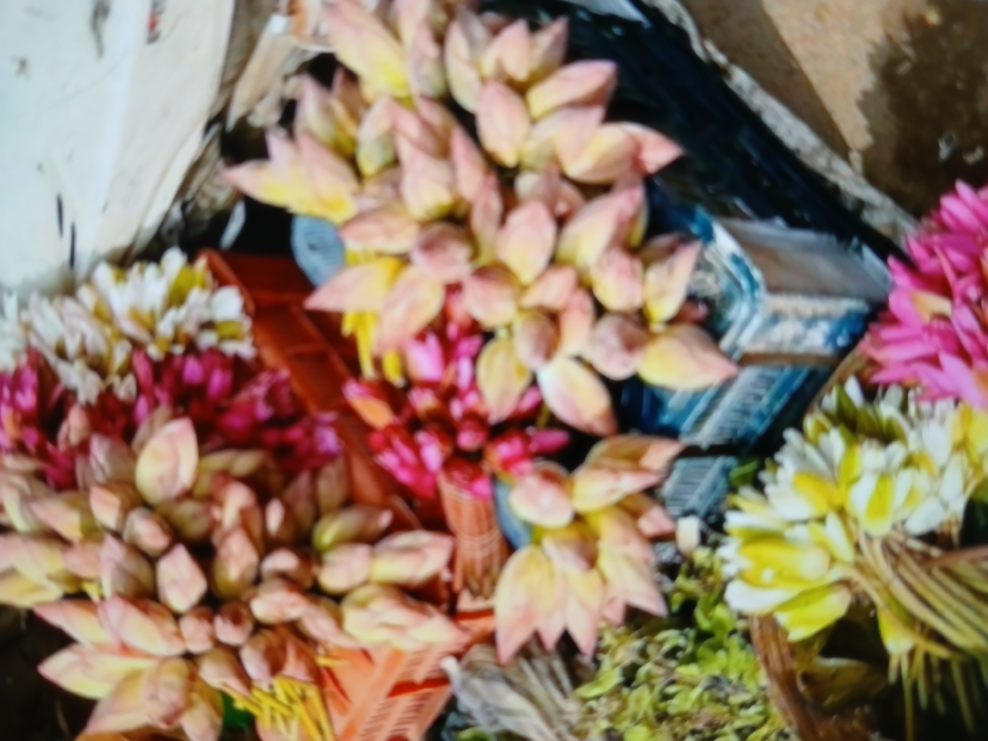 The image shows a close-up view of a street vendor's stall in Bengaluru, India, displaying bundles of flower buds. The buds are various colors, including pink, red, white, and yellow. The flowers are arranged in clusters, some in plastic containers and others in woven baskets. The background includes elements of a city street, suggesting an outdoor market setting.