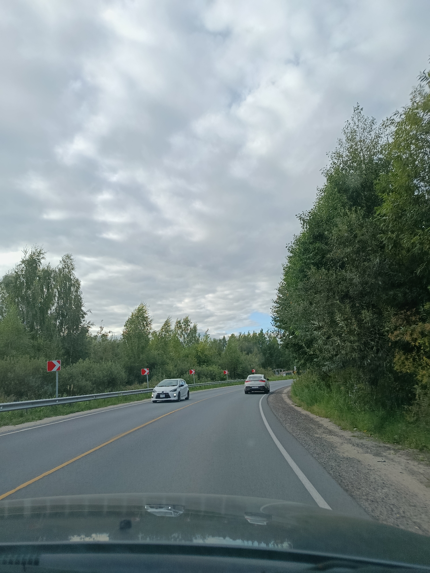 The image captures a perspective from a vehicle driving on a paved road with a yellow dividing line. The road curves to the left, bordered by a metal guardrail on the left and a grassy shoulder with dense green foliage on the right. Several red and white directional signs indicating curves are posted along the guardrail. Two white cars are visible on the road ahead. The sky is overcast with numerous gray clouds. The scene is set in a rural or semi-rural environment, characterized by the presence of trees and vegetation flanking the road.