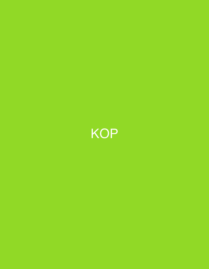The image displays a solid, vibrant lime green background. Centered on this monochromatic field, the word "KOP" is rendered in large, white, uppercase sans-serif letters. No other discernible subjects, objects, figures, or environmental details are present within the frame. The scene is a simple digital graphic, specified to be located in the city of Casablanca, Morocco.