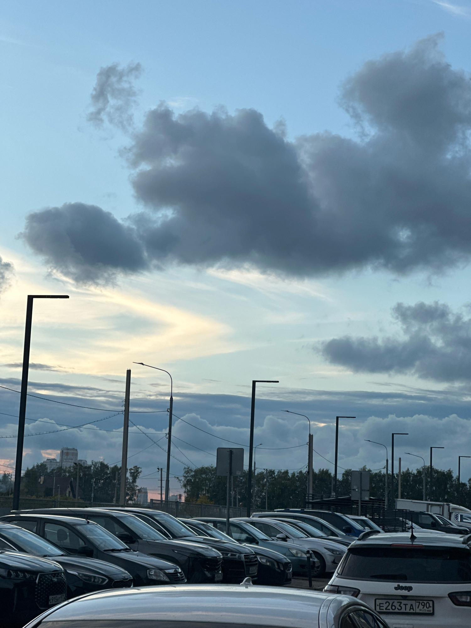 The image depicts a parking lot filled with cars under a cloudy sky. The sky is a mix of blue and gray clouds, with some lighter streaks suggesting the presence of the sun behind the clouds. There are several lampposts scattered throughout the parking lot. In the background, a line of trees and buildings can be seen. One of the cars in the foreground has a license plate visible that reads "E263TA 790 RUS". Based on the license plate format, this indicates the vehicle is registered in Russia. The overall scene suggests an outdoor parking area, likely in an urban or suburban environment, during what appears to be late afternoon or early evening given the lighting conditions. There are no people visible in the frame.