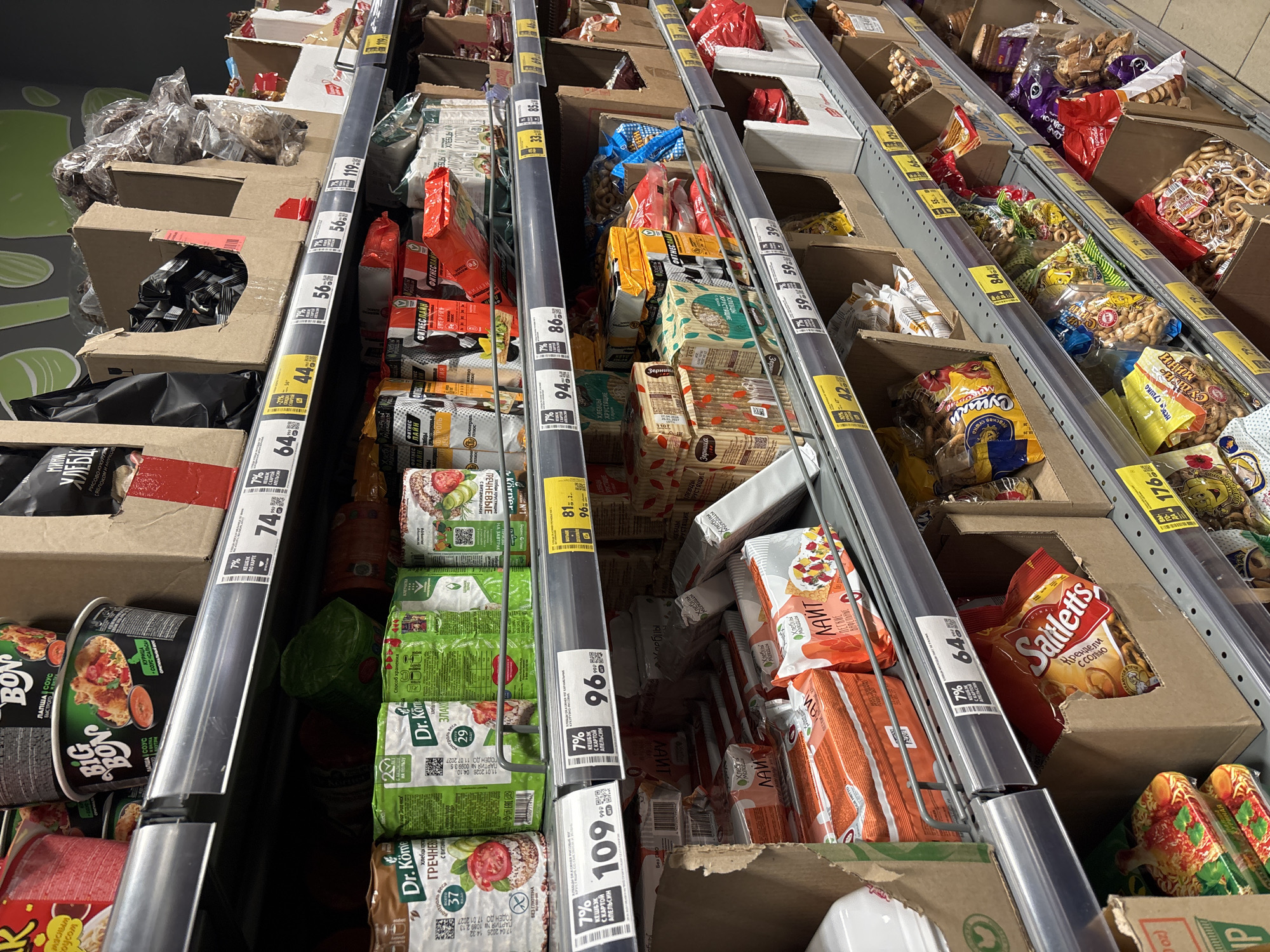 This overhead shot captures an aisle in what appears to be a supermarket or grocery store, likely in Russia given the Cyrillic text. The view is angled downwards, showing multiple rows of shelves packed with various packaged food items.
The shelves are filled with products displayed in their original cardboard shipping boxes, which serve as impromptu display units. Many of these boxes are open, revealing the items inside, and some appear slightly disarranged, suggesting active shopping or recent stocking. Metal rails run horizontally along the front of the shelves, holding numerous white and yellow price tags.
The primary subjects are food products, mainly snacks, crackers, instant noodles, and traditional Russian baked goods. Visible brands include "Dr. Körner" crackers (ГРЕЧНЕВЫЕ and ЗЛАКОВЫЕ types), "BIG BON" instant noodles (ЛАПША СОУС with KУРИЦА), "Saltletts" pretzels (Крендели с солью), and several types of "сушки" (bread rings) from brands like "Зерницы" and "Невская сушка." Other items include "ФИТНЕСЛАЙН" (FITNESS LINE) products and "ОЛАЙТ" (OLIGHT) crackers. Some products are labeled as "БЕЗ ГЛЮТЕНА" (GLUTEN-FREE).
Numerous price tags are visible, showing prices such as 109, 96, 81, 74, 64, 56, 44, 33, 86, 94, 98, 59, 39, 42, 176, and 79. Many tags also advertise a "7% КЕШБЭК С КАРТОЙ АПЕЛЬСИН" (7% Cashback with Orange Card). Expiry dates like "ГОДЕН ДО 17.01.2027" are also visible on some packaging. No people are seen in the image, and the time of day is not discernible. The setting is typical of an indoor retail environment.