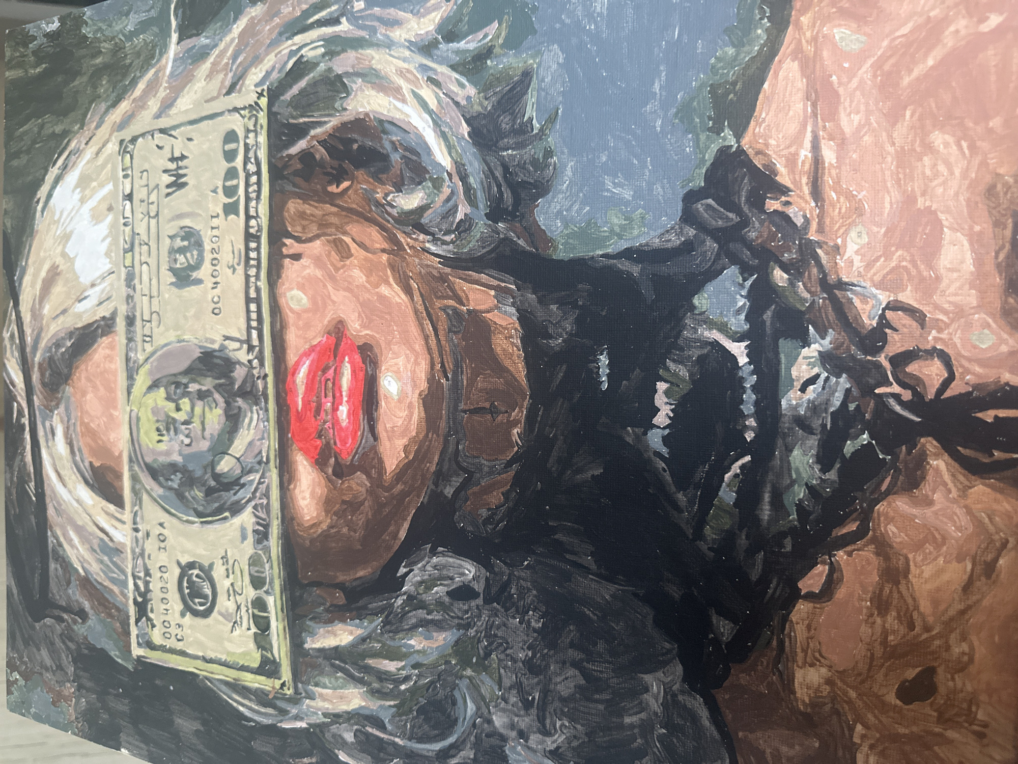 The image shows an oil painting on canvas, depicting a woman with a hundred dollar bill covering one eye. Her red lips are prominent. The woman has light blonde hair on one side and dark black hair on the other. The background is blurred and abstract. There is no information in the image to indicate the location is Высокий, Russia.