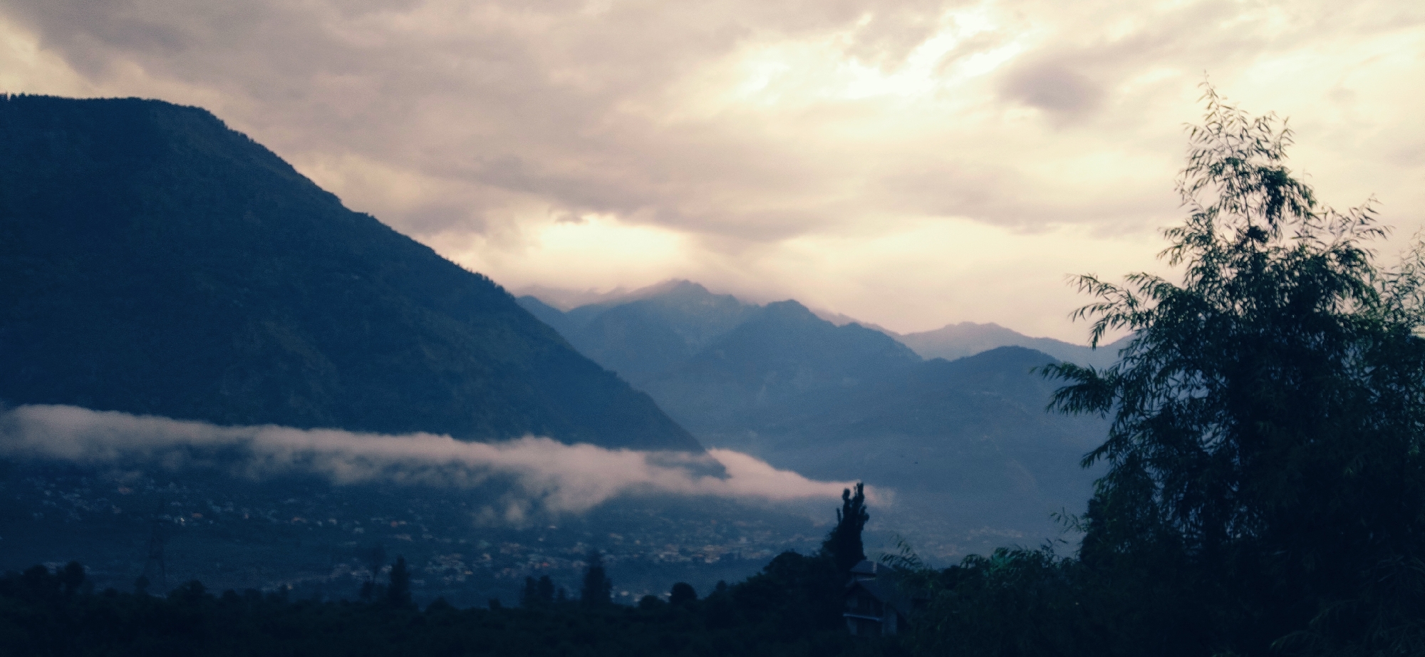 An overcast sky looms above a mountainous landscape in Patar, India. The image is dominated by dark, moody tones, with muted blues and purples creating a sense of depth. A thick band of cloud snakes horizontally across the mid-ground, obscuring the lower slopes of the mountains and a distant town. In the foreground, a dense cluster of dark green trees, possibly bamboo, partially obscures the view. The overall impression is one of dramatic natural beauty, with the weather adding a layer of mystery and atmosphere to the scene.