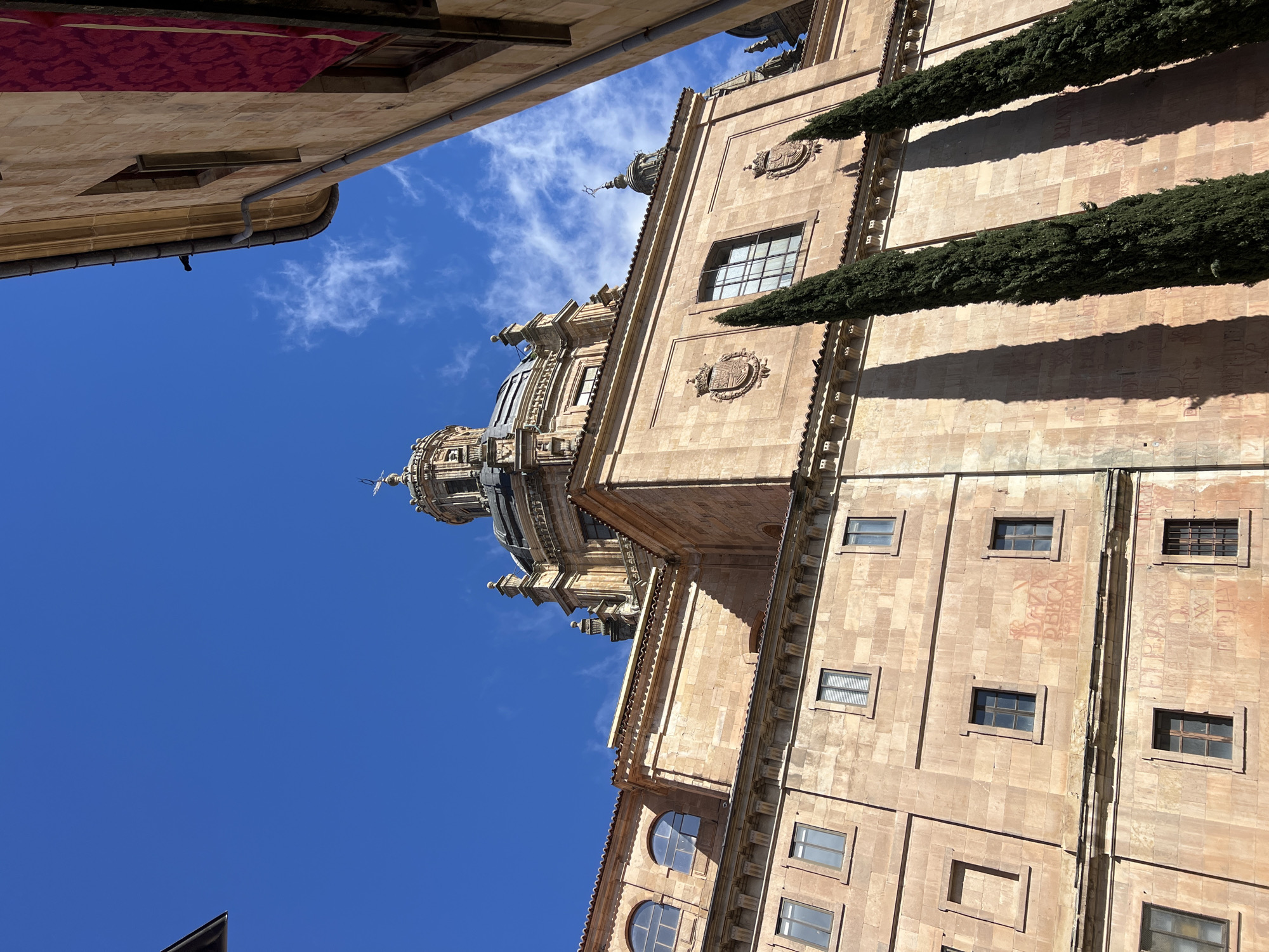 The photo is a low-angle shot of a building in Salamanca, Spain. The structure is predominantly constructed of light brown stone and features multiple windows, some of which are rectangular and others arched. Two dark green, vertical trees are aligned on the right side of the building. The building has intricate architectural details, including decorative moldings, pilasters, and a dome-shaped structure on top with a spire. The sky is a bright blue with wispy white clouds. Part of another building is visible on the left, made of similar stone, and has a red cloth hanging from it.