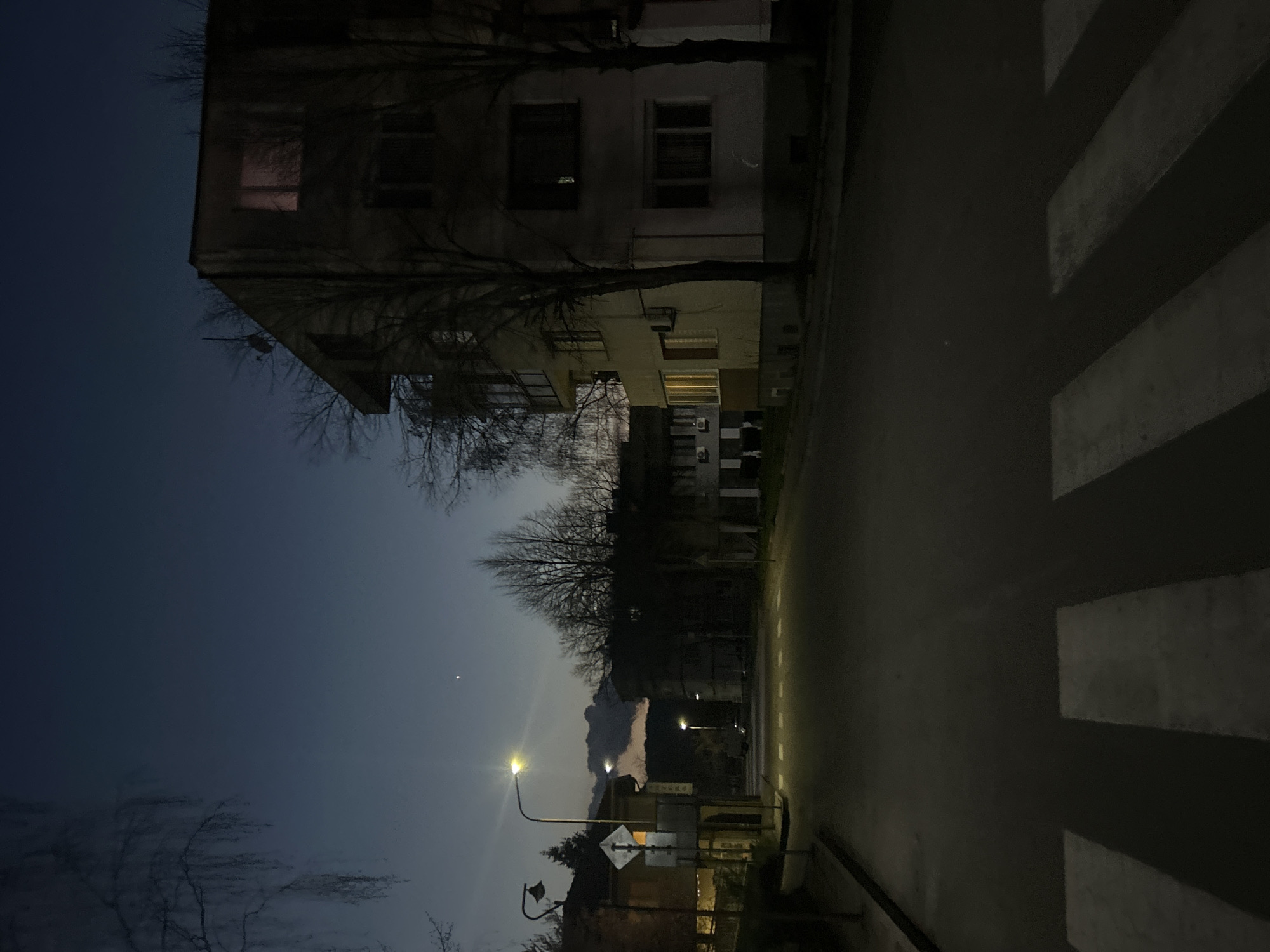 The image depicts a nighttime urban scene in Zlatograd, Bulgaria. A multi-story building stands on the left, with visible windows, some illuminated. Bare trees are silhouetted against the twilight sky. A street with a pedestrian crosswalk runs along the right side of the frame. Further down the street, a streetlamp illuminates the road and surrounding structures. In the distance, there are vague suggestions of hills or mountains. The sky is a gradient of deep blue to lighter shades near the horizon, and a bright celestial body is visible.