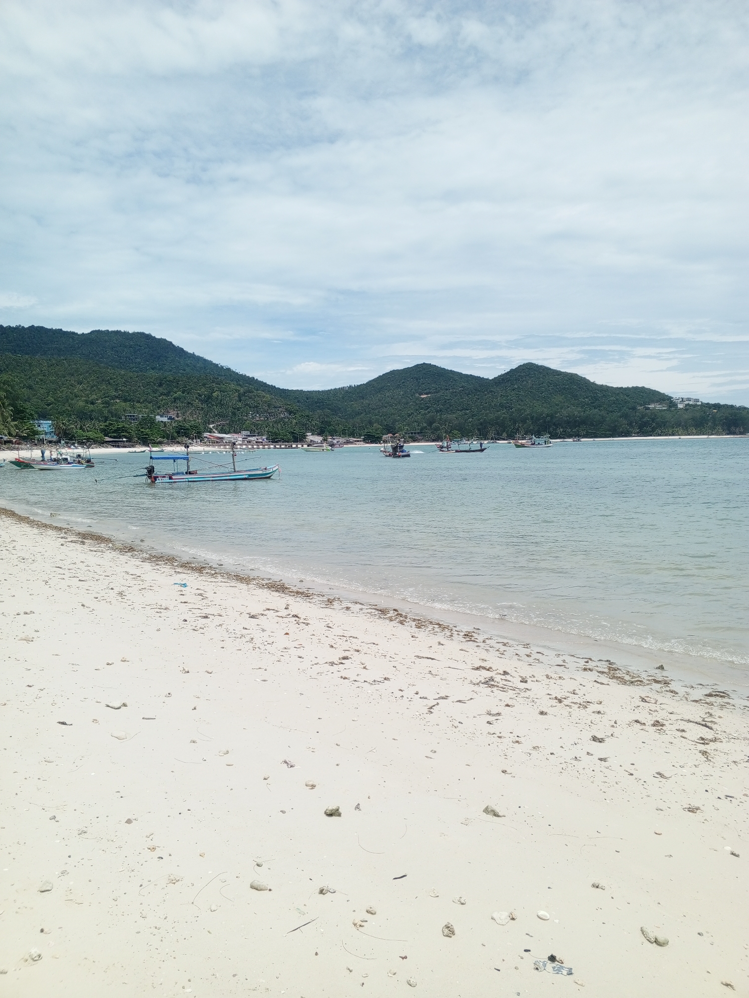 The image depicts a beach scene with a sandy foreground littered with debris and seaweed. The sea is calm and light blue, with several boats anchored near the shore. In the background, there are green, hilly islands or mainland covered with vegetation. The sky is overcast with scattered white clouds. The location is unknown, but appears to be a coastal area.