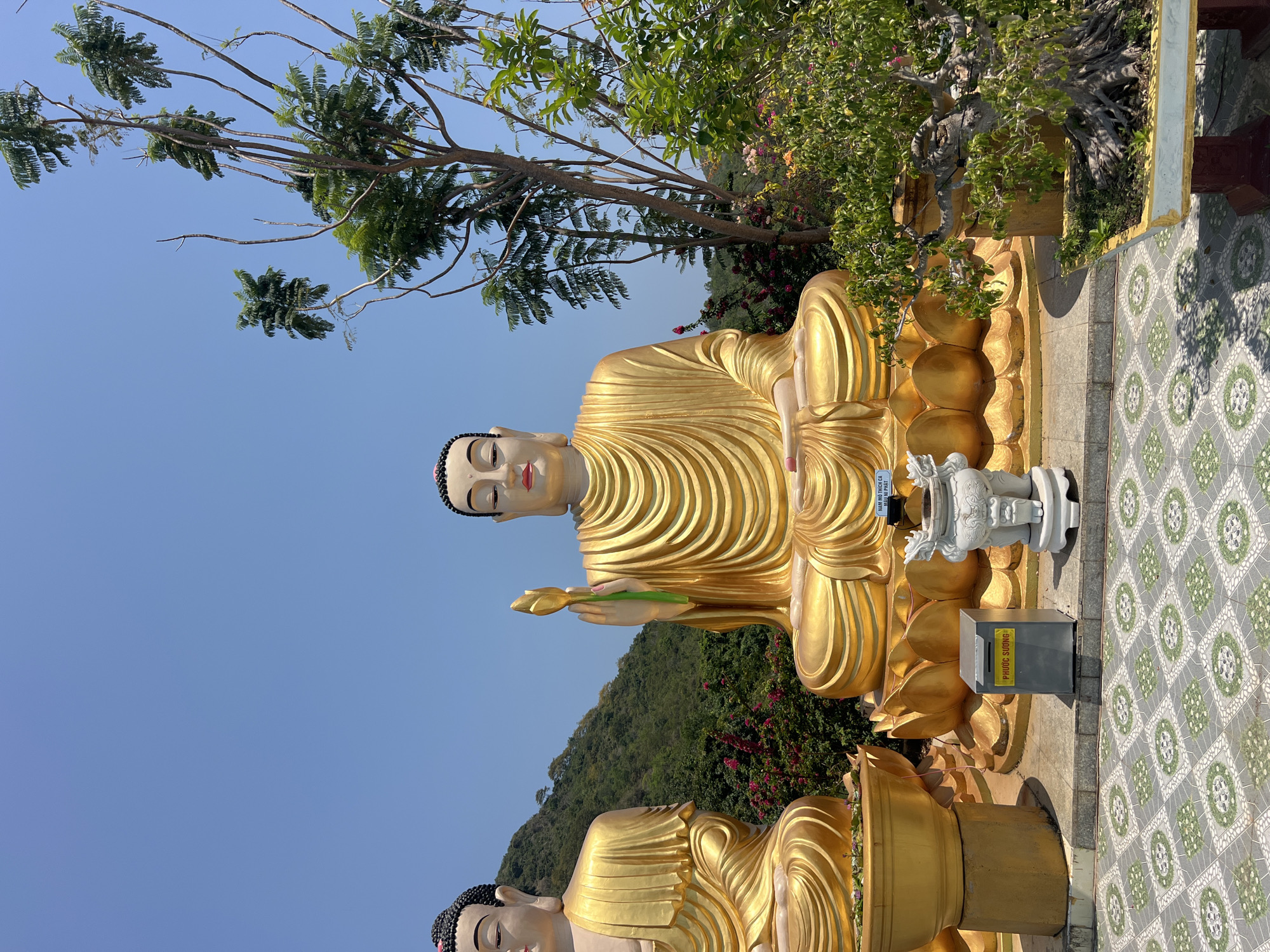 The image depicts a golden Buddha statue at Long Son Pagoda in Nha Trang, Vietnam, set against a backdrop of blue sky and lush greenery. The statue, detailed with concentric lines to mimic fabric folds, is posed in a seated position on a lotus throne. Another golden statue can be seen in the lower portion of the image, partially cropped. A tree with sparse foliage is positioned in the upper left, while denser foliage appears behind the statue to the right. A small donation box and an incense burner stand near the statue on a tiled patio. The background includes a hill with dense vegetation and patches of red flowers.