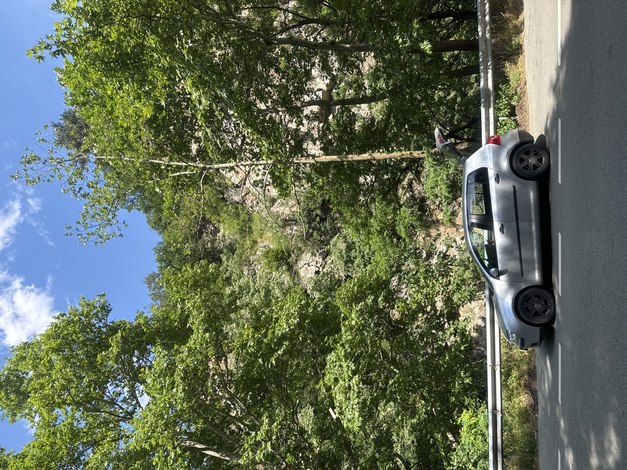 A silver Volkswagen Golf is parked on the side of a road with a guardrail. The car's trunk is open. The road is flanked by lush green trees and a rocky cliff face. The sky above is blue with scattered white clouds. The scene appears to be in a natural, mountainous area, consistent with the landscape surrounding Bachkovo, Bulgaria. There are no people visible in the image.