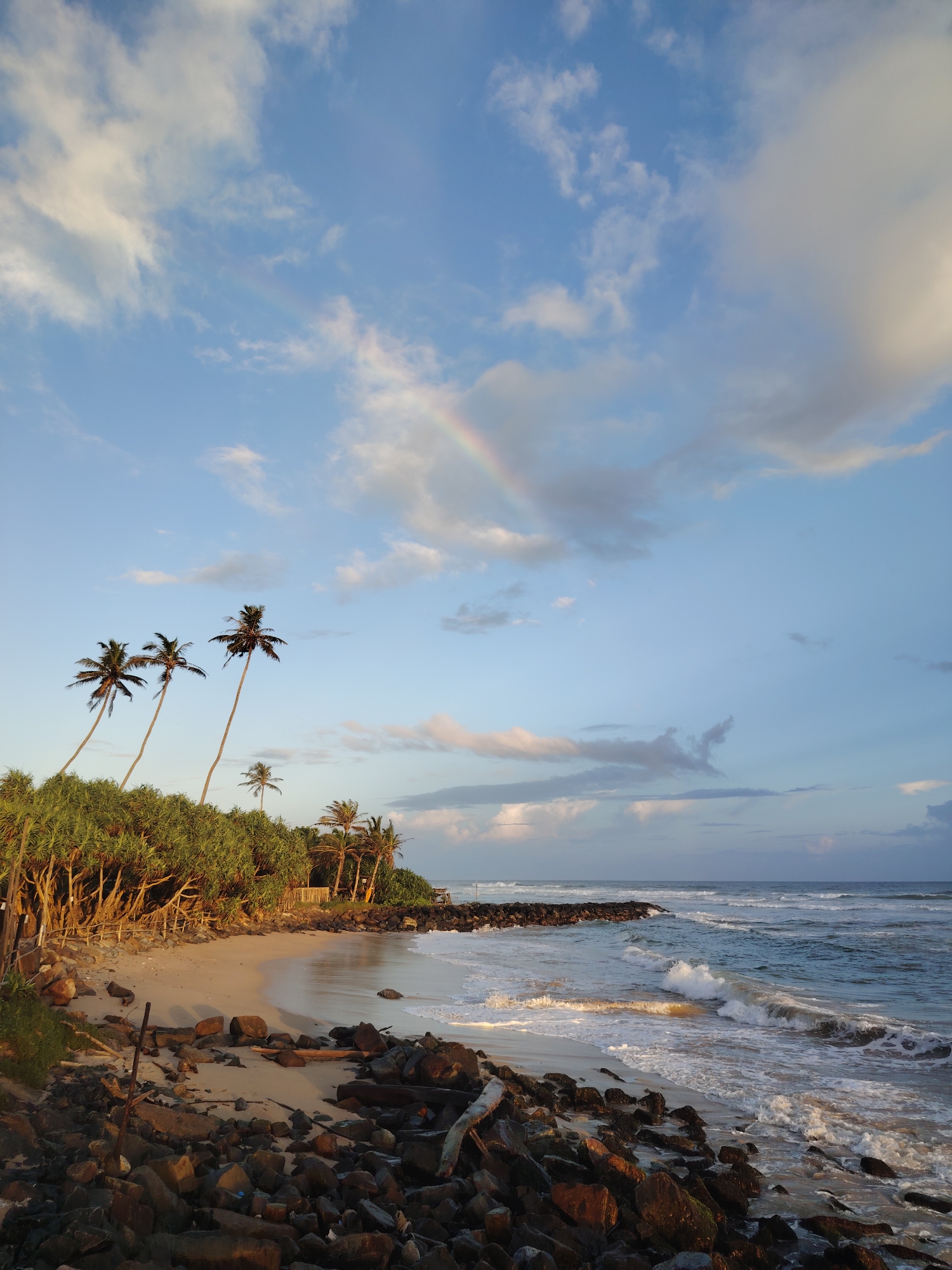 The image depicts a serene tropical coastal landscape, likely captured during late afternoon or early evening. The scene is dominated by a rocky shoreline and a sandy cove, bordered by lush tropical vegetation and the ocean under a partly cloudy sky.
In the foreground, a rugged expanse of dark, angular rocks, some appearing wet or mossy, covers the immediate shoreline. Gentle ocean waves, tipped with white foam, break and recede onto the sandy beach, reflecting the warm, golden light of the sun.
The midground reveals a crescent-shaped sandy beach leading into a dense bank of vibrant green foliage, possibly pandanus trees, which lines the coast. Several tall, slender palm trees, some dramatically leaning, rise above this greenery, their dark silhouettes contrasting against the lighter sky. A faint, rustic fence or structure is partially visible among the foliage on the left side of the beach.
The background features the vast expanse of the ocean, with more waves visible extending towards the horizon. Above, the sky is a soft blue, dotted with scattered white and light gray clouds, some catching the warm light. A distinct, albeit faint, rainbow arcs across the upper part of the sky, from the upper left towards the middle right, indicating recent rain combined with sunshine.
The lighting suggests a soft, warm glow typical of golden hour, casting gentle shadows and highlighting the natural textures of the rocks, sand, and foliage. There are no people or visible text in the image. The overall impression is one of peaceful natural beauty in a tropical setting.