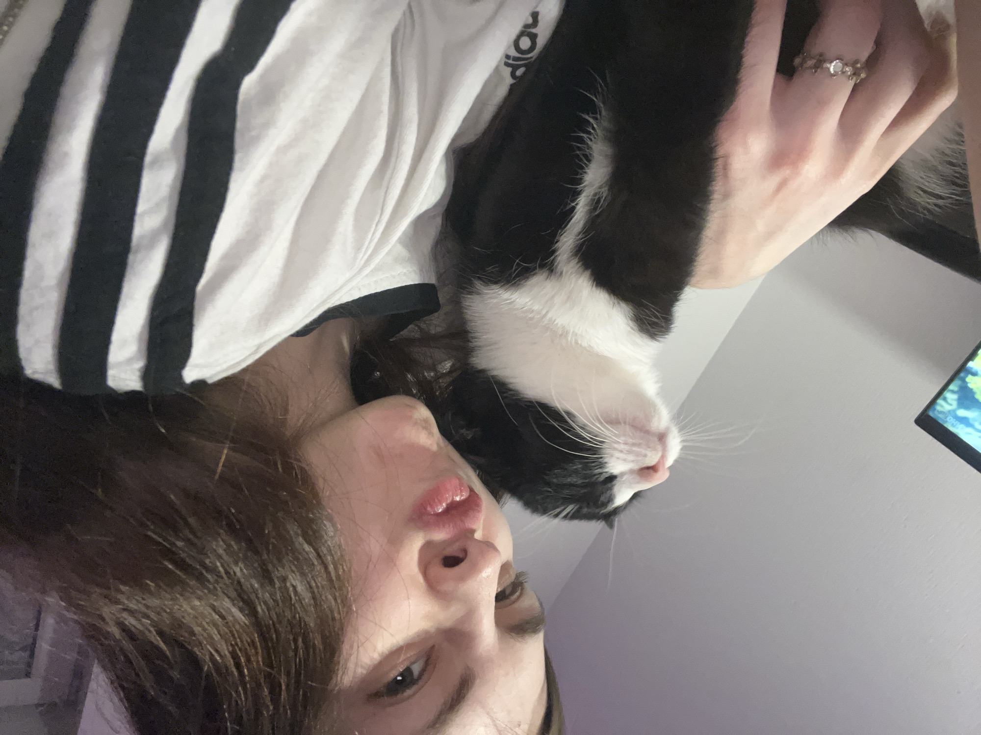 A selfie shows a person with brown hair wearing a black and white striped shirt and holding a black and white cat. The person is wearing a ring on their hand. A monitor is visible in the background. The location is not identifiable as Saint Petersburg, Russia from the provided image.