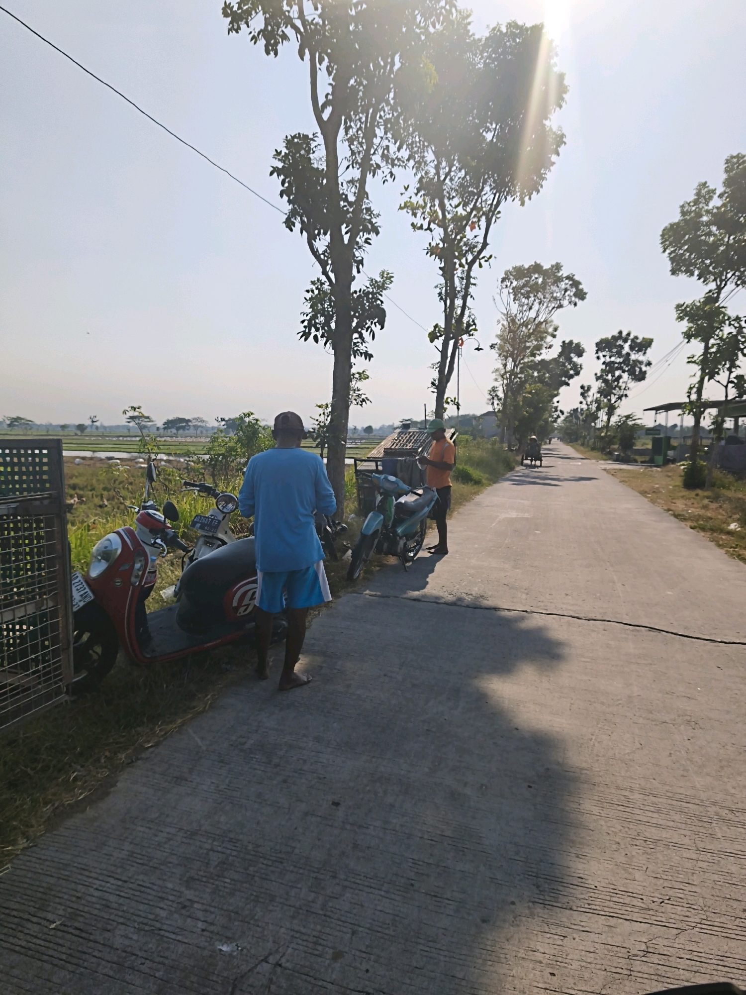A roadside scene in Desa Dibal, Indonesia, features two men and two motorcycles under a bright, sunny sky. In the foreground, a man wearing a blue long-sleeved shirt and blue and white shorts stands next to a red and black scooter. The scooter has a license plate that reads "AD 2737 AWD". To his right, a teal motorcycle is parked. Further down the paved road, another man in an orange shirt and dark shorts stands next to a similar teal motorcycle, looking at his phone. The road stretches into the distance, bordered by grass and trees on both sides. In the background, rice fields are visible, along with a few buildings and more trees. The sun is high in the sky, casting long shadows across the road.
