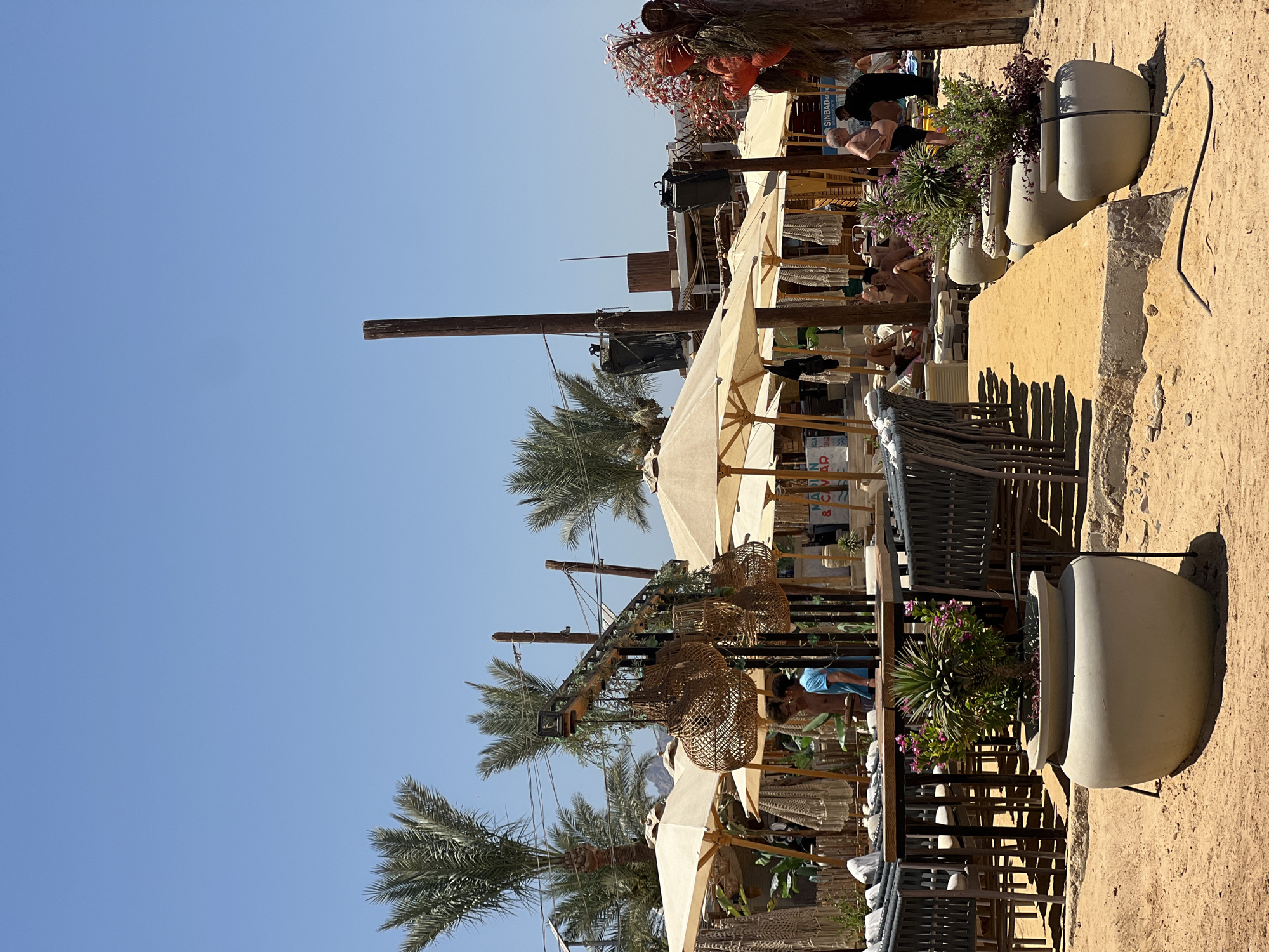 The image depicts a vibrant outdoor beach restaurant setting in Sharm El Sheikh, Egypt, likely on a sunny day given the clear blue sky and ample sunlight. In the foreground, several large, light-colored ceramic pots hold greenery, with one prominently featuring a spiky plant and smaller pink flowers. These pots are placed on a sandy ground adjacent to a raised, concrete-like platform.
Behind the pots, a row of modern, dark-colored dining chairs surrounds tables made of wood and dark metal. The tables and chairs are set up under a series of large, beige umbrellas, offering shade to the seating area. Woven pendant lights and decorative hanging baskets add a rustic charm to the scene, suspended from a wooden structure.
In the mid-ground, more umbrellas and seating arrangements are visible, with several people relaxing or dining. Some individuals are seen lying on lounge chairs, while others are seated at tables. Palm trees are scattered throughout the background, characteristic of the Egyptian coastal landscape. Wooden poles, some with attached lighting fixtures and speakers, punctuate the scene, suggesting a lively atmosphere, possibly with music.
Further back, parts of a building structure are visible, along with additional decorative elements and signage, including what appears to be a sign with Arabic script. People are seen in various states of leisure, with some dressed in swimwear and others in casual attire. The overall impression is of a well-equipped and aesthetically pleasing beach resort or restaurant designed for relaxation and entertainment.