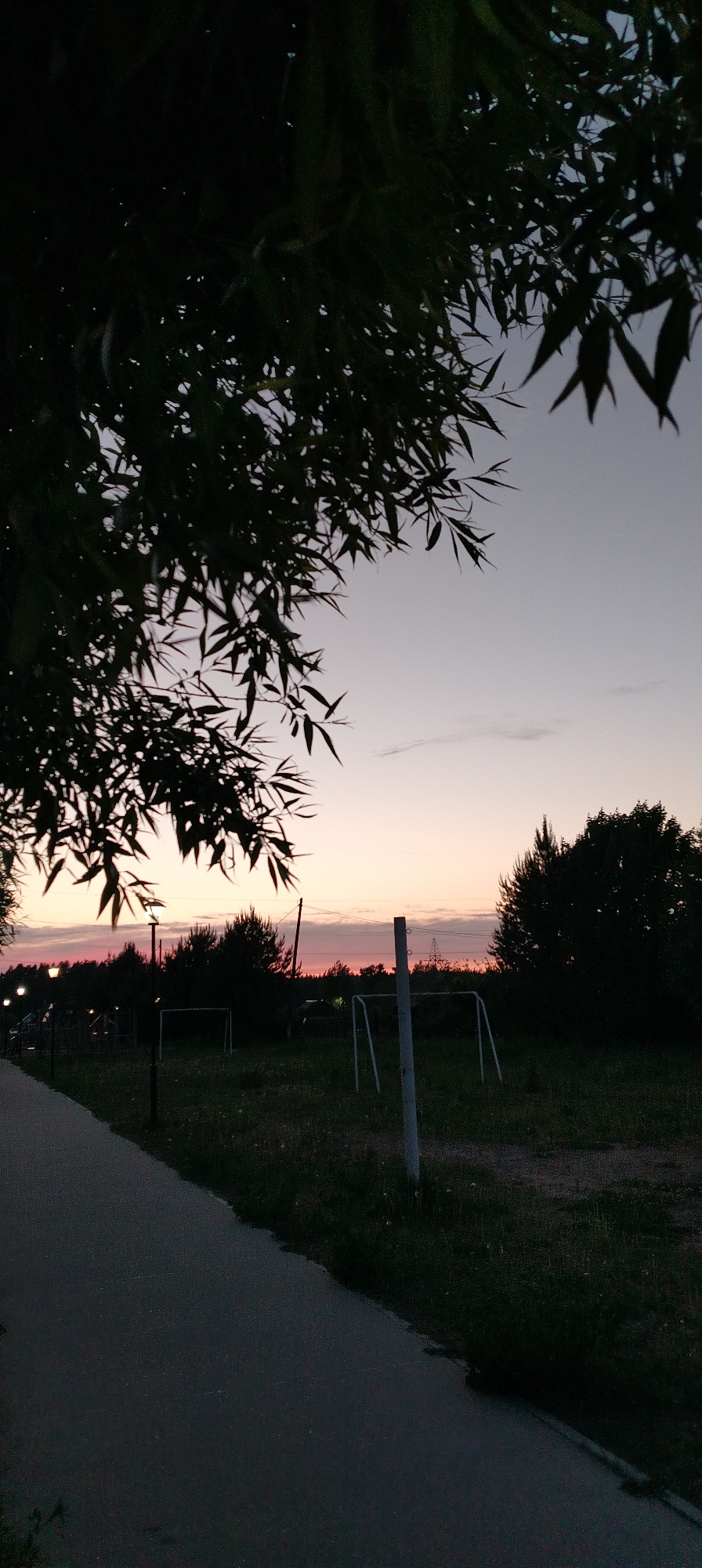 The image shows an outdoor scene at dusk, possibly in Chaikovsky, Russia. The foreground features a paved walkway running alongside a grassy area. Several soccer goal posts are visible in the grass. In the background are trees and glimpses of a pink-tinged horizon. The silhouette of tree branches frames the upper portion of the image. No people are visible.