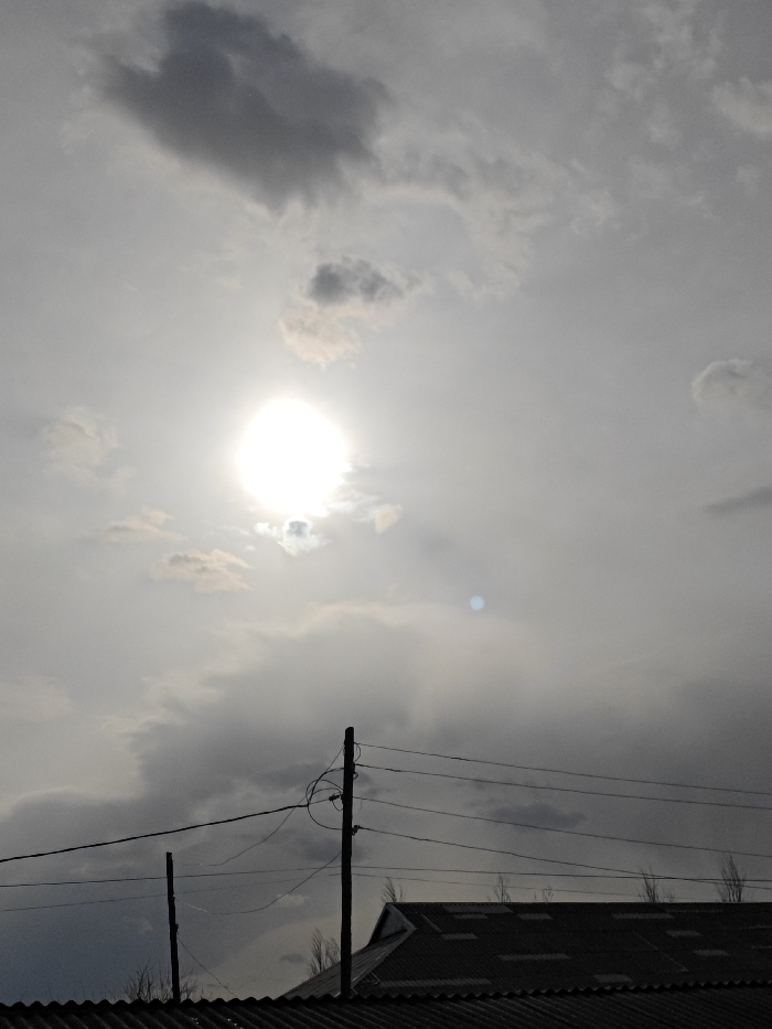 A bright sun shines through a cloudy sky. Power lines stretch between two poles against the gray sky. Below, the dark corrugated roof of a building dominates the bottom of the image, with bare tree branches peeking out behind. The overall scene conveys a gloomy, overcast day.
