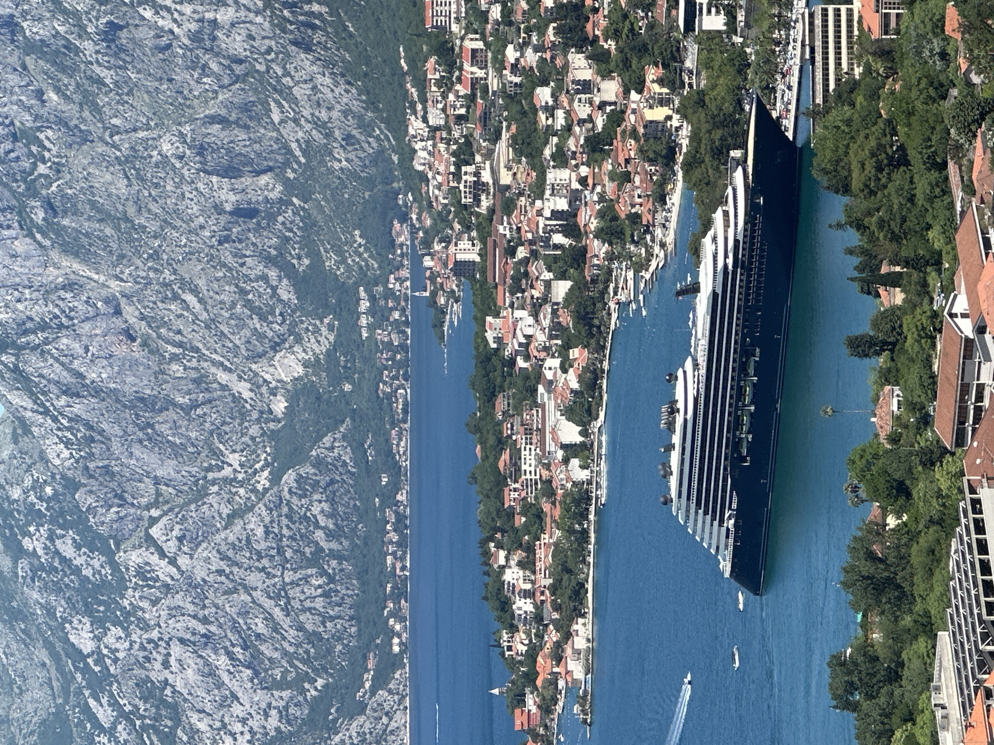 The image captures a view of the Bay of Kotor in Škaljari, Montenegro, with a large cruise ship docked. The town, characterized by densely packed buildings with red-tiled roofs, stretches along the coastline between the bay and the steep, rocky mountainside. The cruise ship is the prominent feature of the image, its dark hull and multiple decks sharply contrasting with the blue water. Smaller boats are scattered near the cruise ship. Lush vegetation frames the scene and intermixes with the urban landscape.