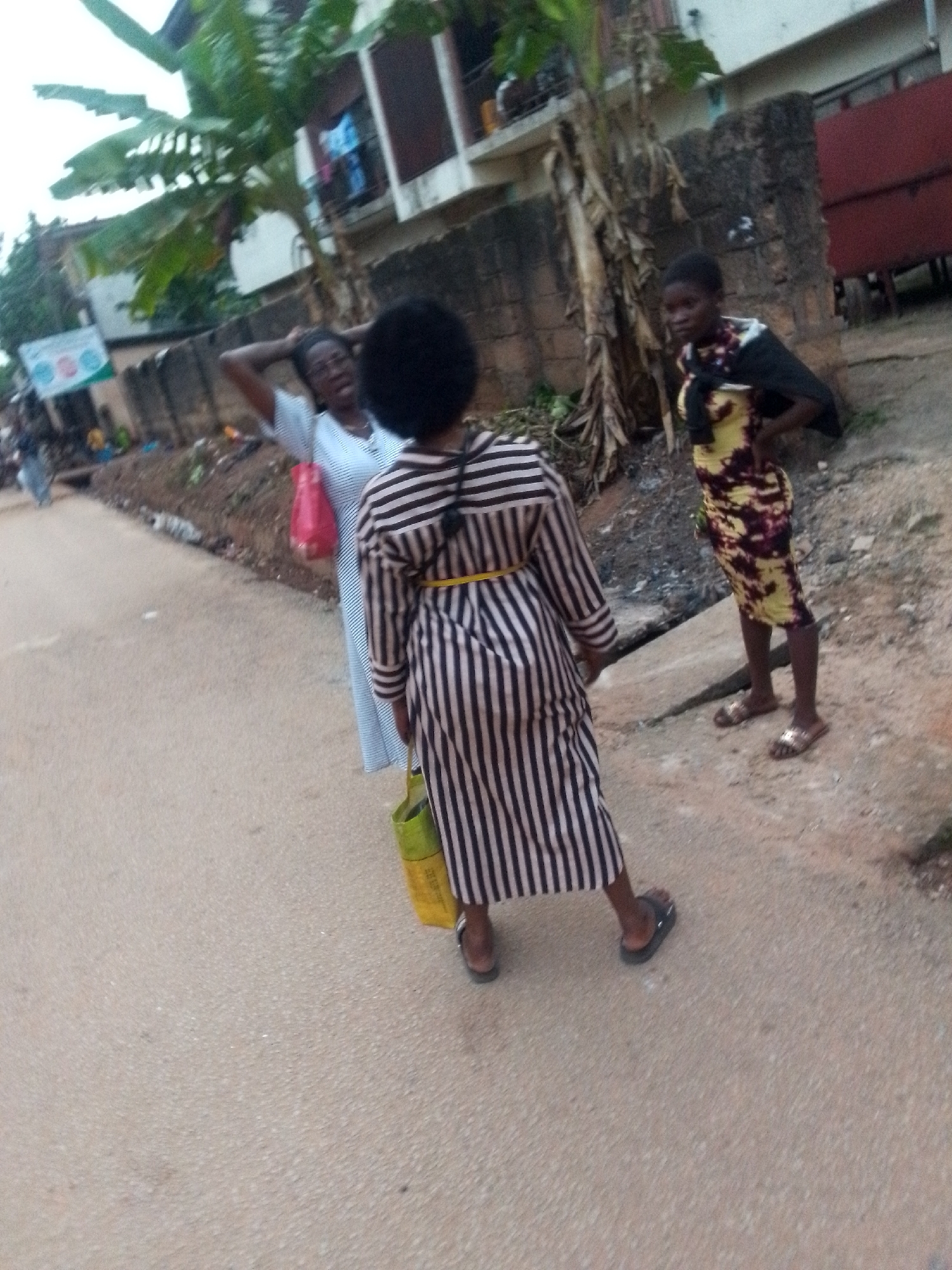 This image captures an outdoor scene in Orlu, Nigeria, featuring three women on what appears to be a paved road or pathway. The setting suggests a semi-urban or residential area, with buildings and vegetation in the background.
In the foreground, a woman faces away from the camera, wearing a long dress with distinct vertical black and off-white stripes, cinched at the waist with a thin yellow tie or belt. She has dark, curly hair and carries a light green or yellow reusable bag on her left arm. She is wearing dark flat sandals.
To her left and slightly behind, another woman is partially visible, facing towards the right side of the frame. She wears a light-colored, possibly white or light blue, striped top and has her hands on her head, suggesting a moment of thought, exasperation, or adjusting her hair. She carries a red plastic bag on her arm and wears glasses.
On the right side of the frame, a third woman stands, looking towards the other two. She is dressed in a vibrant yellow and dark-patterned sleeveless dress, with a dark garment (possibly a shawl or light jacket) draped over her shoulders. She wears light-colored flat sandals.
The background shows a mix of natural and built environments. Lush green foliage, including large leaves resembling banana or plantain trees, is prominent. Behind the women, there's a low, rough-textured concrete wall. Further back, multi-story buildings with balconies are visible, with some laundry hanging. To the far left, a blurred sign with colorful circular graphics and some text, likely a public information notice, can be seen. The road surface is granular and light-colored. The soft, even lighting suggests either an overcast day or the late afternoon/early evening. No specific text is clearly legible.