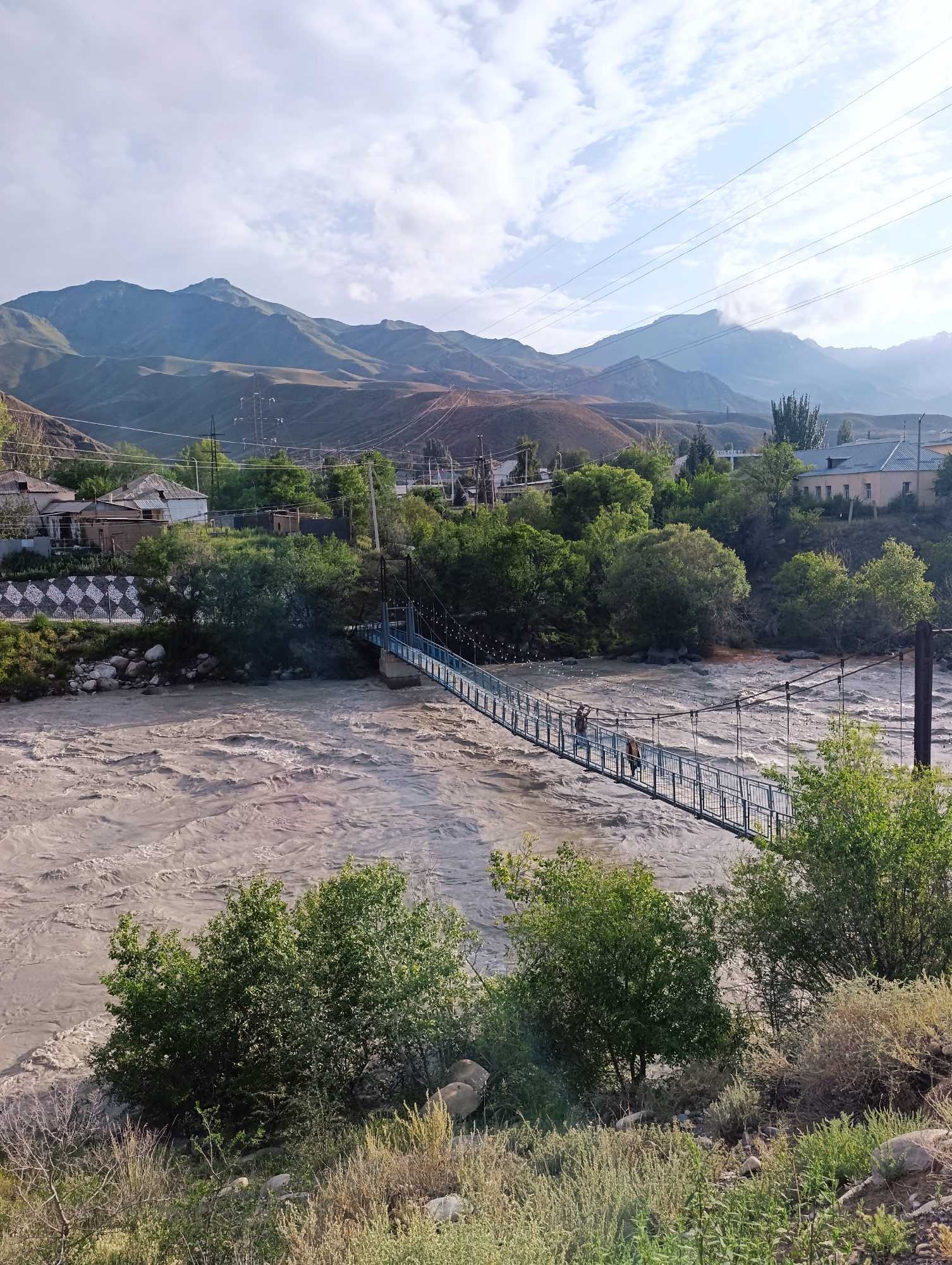 The image captures a wide, muddy river flowing through a valley in Naryn City, Kyrgyzstan. A suspension bridge spans the river, with a few people visible walking across it. The banks of the river are lined with trees and vegetation. In the background, rolling hills and mountains rise, with a few buildings and power lines scattered across the landscape. The sky is partly cloudy. The overall scene depicts a somewhat remote and rugged natural environment with signs of human presence.