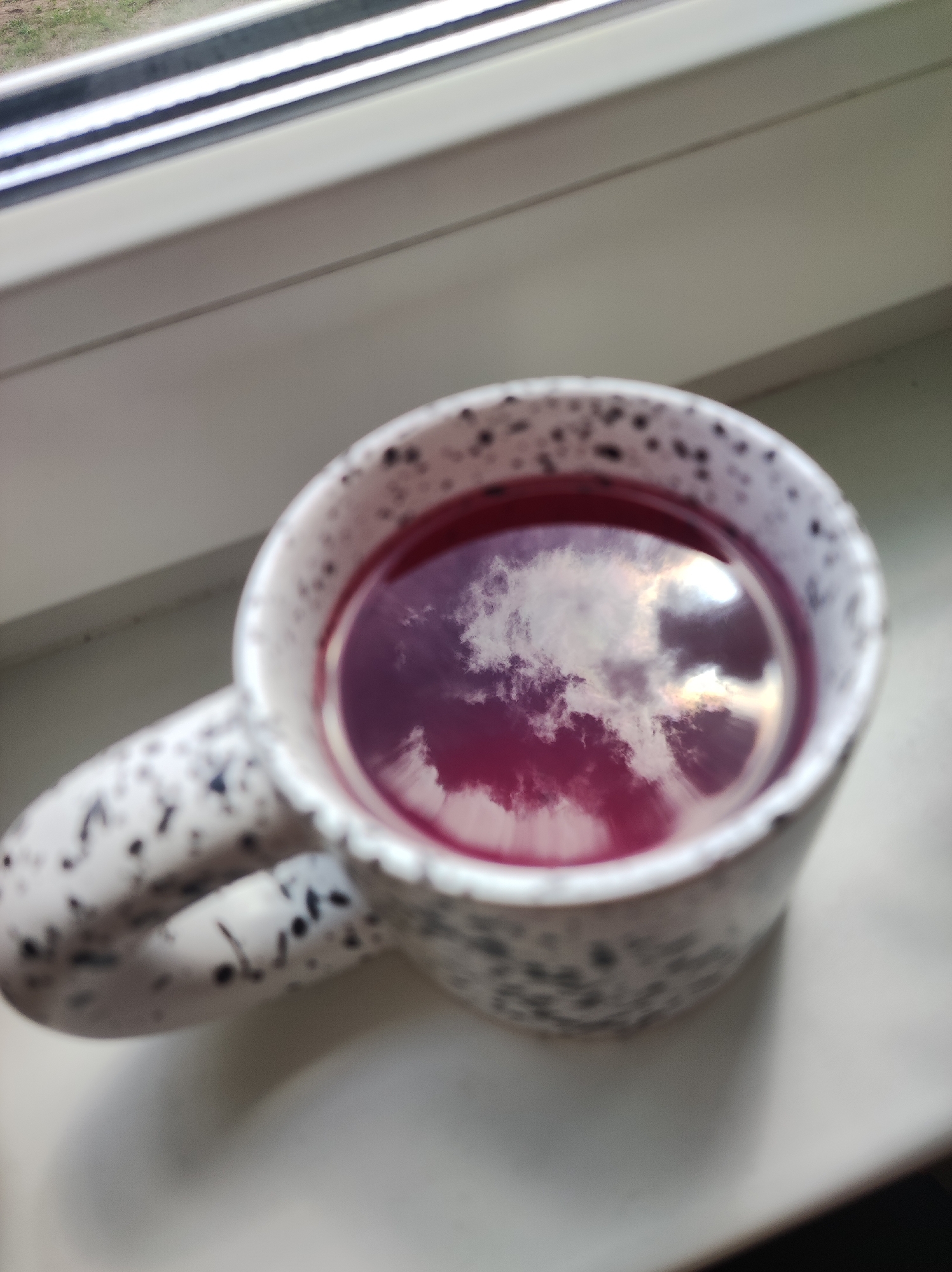 The image shows a close-up of a mug filled with a deep red liquid, resting on a white windowsill. The liquid reflects white clouds and a bright sky, suggesting it is daytime. The mug has a speckled pattern of dark gray or black dots on a white background. A portion of a window frame with horizontal bars is visible in the upper left corner of the image, with a hint of greenery and grass beyond. The scene appears to be an indoor setting looking out through a window, a common vantage point from a residence in Chaikovsky, Russia.
