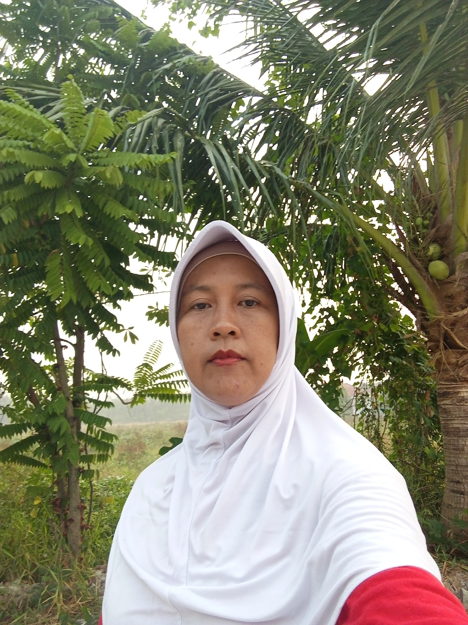 A medium shot shows a woman wearing a white hijab and a red shirt, taking a selfie outdoors. She is positioned slightly to the left of center. Behind her, lush green foliage dominates the frame, with palm trees and other leafy trees. In the background, a hazy landscape is visible, suggesting an open, possibly rural or semi-rural area. The lighting indicates it is daytime, possibly late afternoon due to the soft light. The scene appears to be in Ciruas, Indonesia, given the type of vegetation.