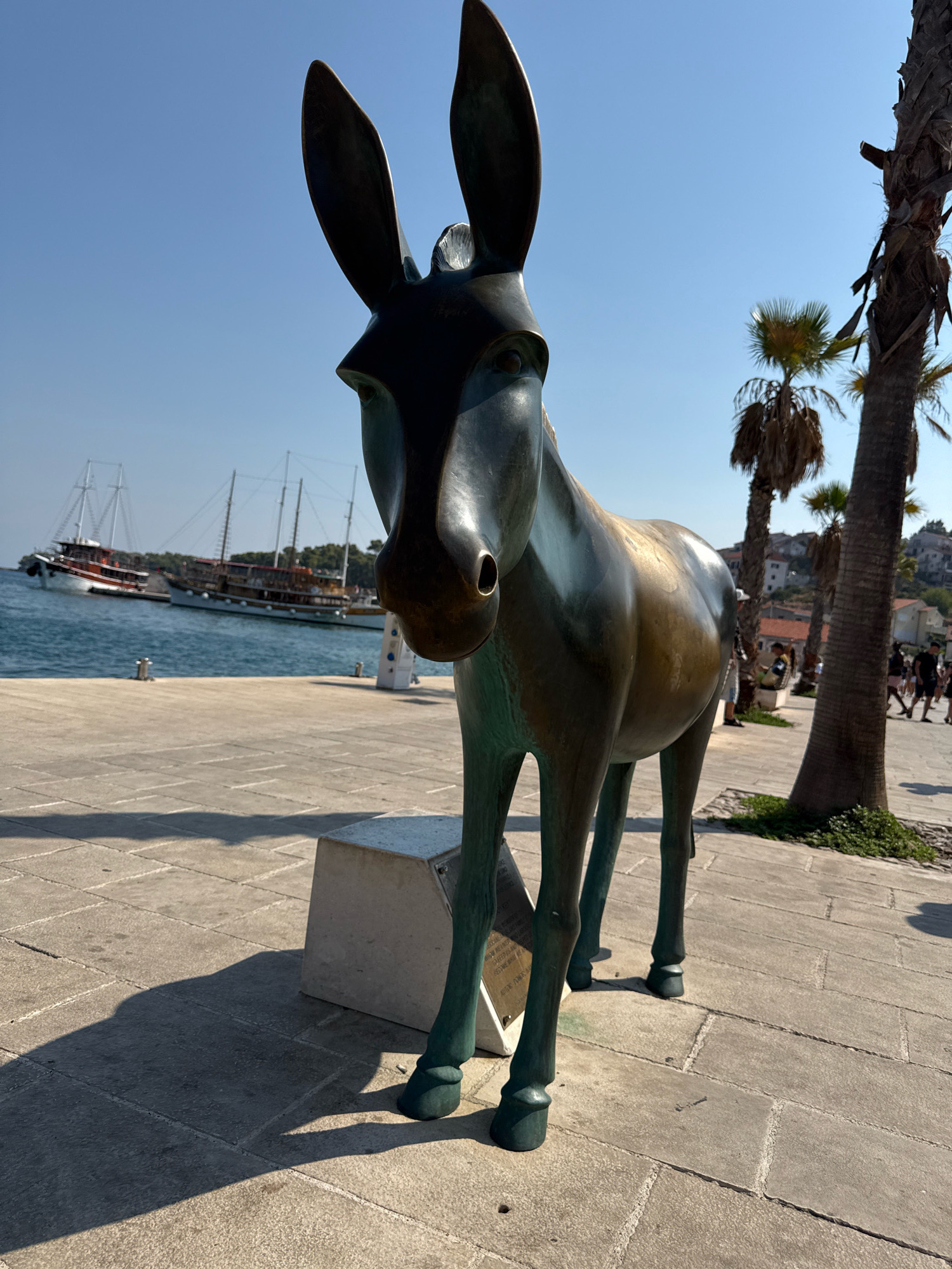 A bronze sculpture of a donkey stands on a paved promenade in Jelsa, Croatia. The sculpture is the primary subject, depicted from a low angle, facing the viewer. The donkey is dark bronze with a greenish patina on its legs. Behind the sculpture, a body of water with several sailboats is visible. The promenade is paved with large, square stone tiles, and a palm tree with dry fronds is to the right of the sculpture. In the background, there are buildings with red-tiled roofs and several people walking. The sky is clear and blue.