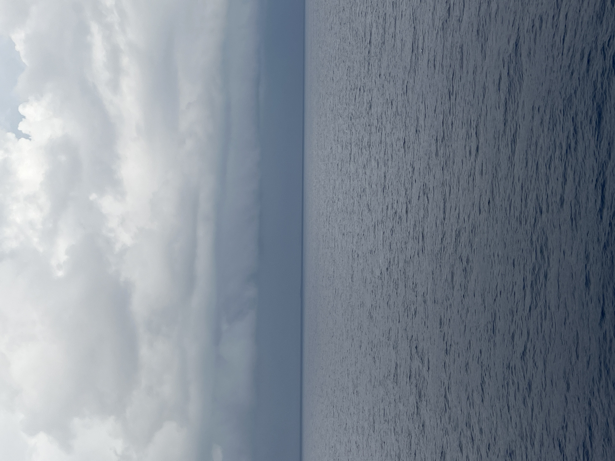 The image shows a vast expanse of the ocean under a cloudy sky. The water is a deep blue-gray, with small ripples indicating a gentle swell. The horizon line is sharp and clear, dividing the water from the sky. The sky is filled with thick, gray clouds, with some lighter patches suggesting breaks in the cloud cover. The overall mood is somber and expansive. The location is unknown.