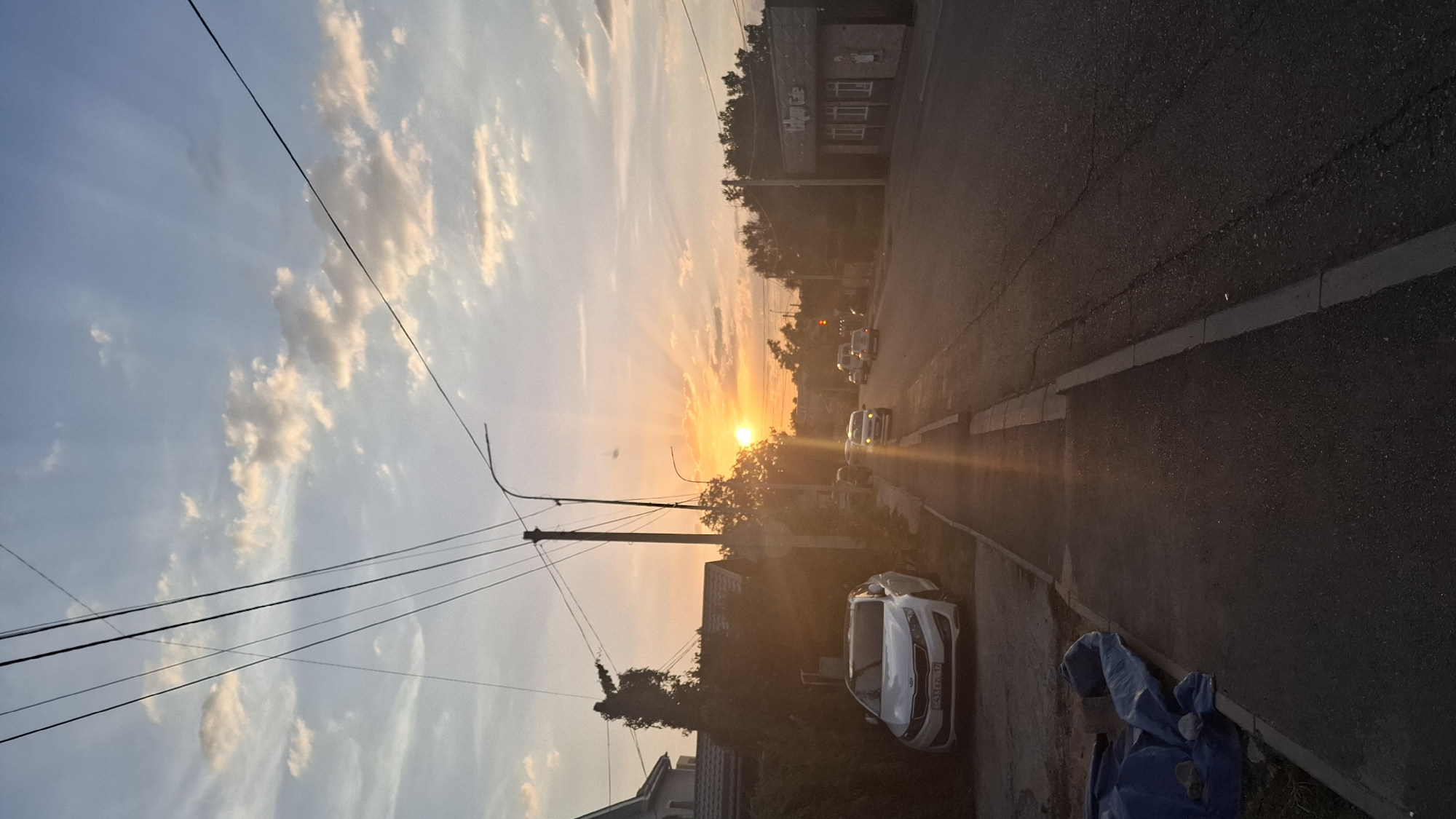 The image captures a street scene in Shymkent, Kazakhstan, during sunset. The sun, low on the horizon, casts a warm, orange glow across the sky, illuminating the clouds with golden rays. The street is asphalt, with a sidewalk running alongside it. Several cars are visible on the street, and a white sedan is parked on the side. Buildings line the street, including a structure with the signage "Global Cafe." Overhead, power lines crisscross the sky, adding a linear element to the composition. Vegetation, including trees and bushes, frames the scene. The overall impression is a quiet, everyday street moment bathed in the soft light of dusk.