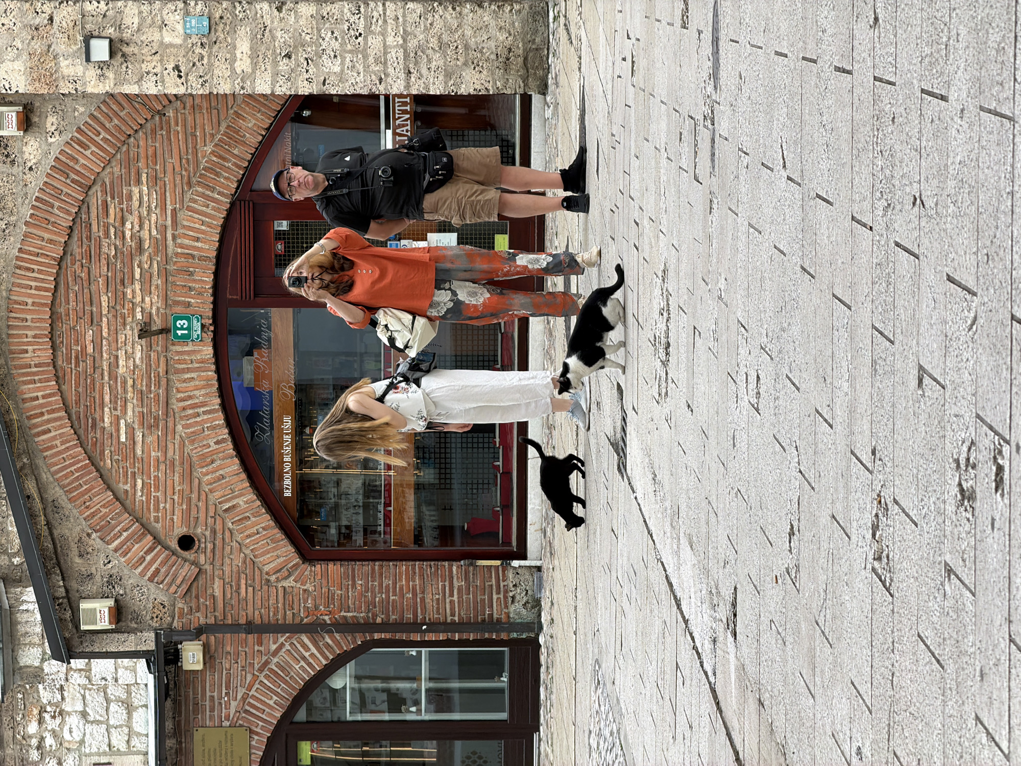 In Sarajevo, Bosnia and Herzegovina, a man and two women are captured in a moment on a stone-paved street. The man, wearing a black t-shirt, khaki shorts, and a cap, is positioned near a brick building with an arched entrance. He has a camera bag slung over his shoulder and appears to be looking towards the right.
One woman, in an orange top and patterned pants, stands in front of him, also looking towards the right and holding a camera, possibly taking a photograph. A second woman, in a white dress, is further to the right, facing away from the viewer and looking down.
Two cats, one black and white and a solid black one, are present on the street. The black and white cat is near the woman in the orange top, while the black cat is further down the pavement. The scene appears to be set during the daytime, with natural light illuminating the area. The architecture of the brick building, along with the stone paving, suggests a historic urban setting.
Visible text includes "BODRIJA" and "BEZBOLNO BUŠENJE UŠIJU" on the shop window of the brick building. There's also a green street sign with the number "13" on it. The overall atmosphere seems casual, with people and animals coexisting on the street.