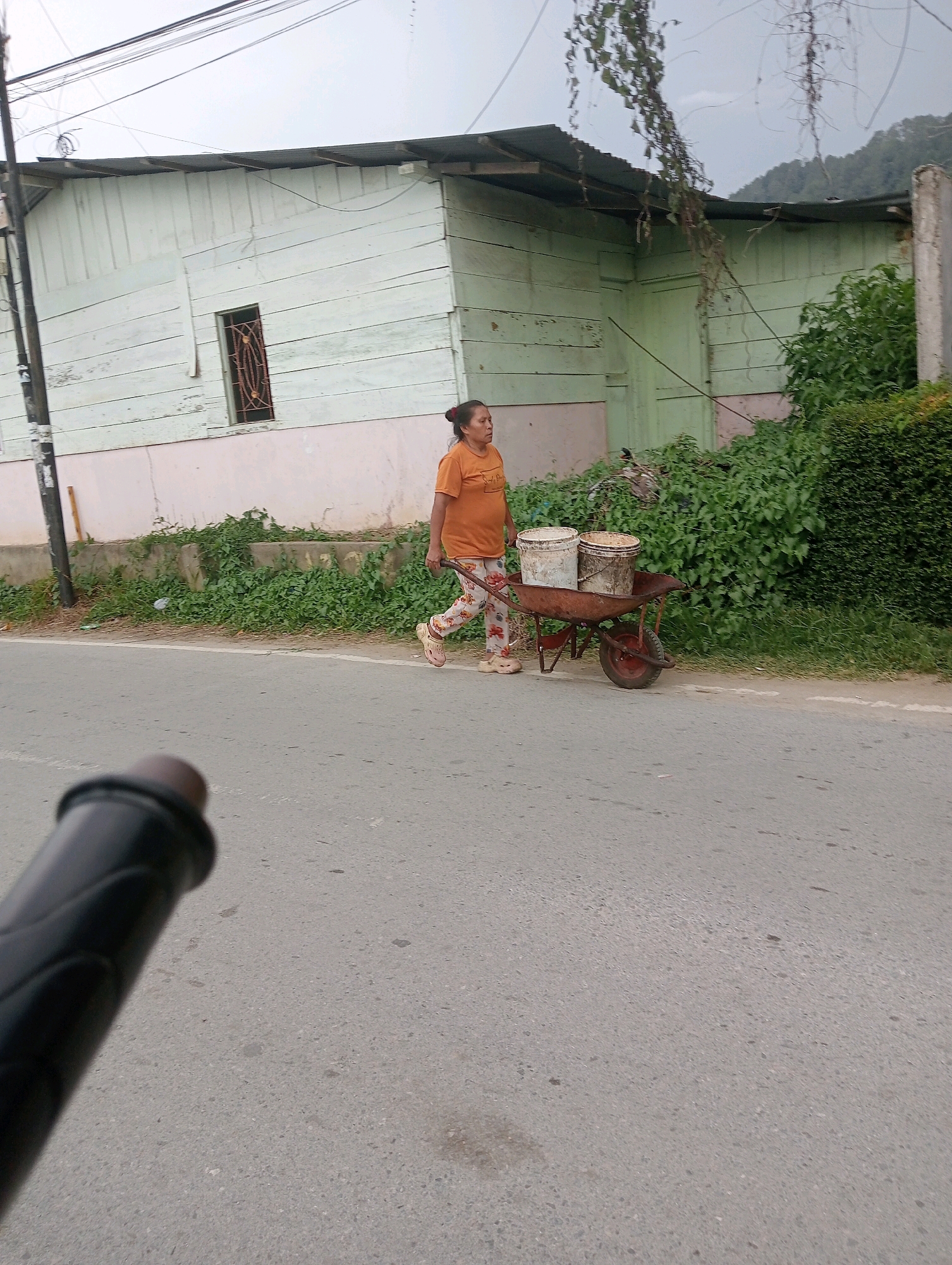 A woman, wearing an orange shirt and patterned pants, is pushing a rusty wheelbarrow filled with two buckets down a paved road. The wheelbarrow's tire is red. Behind her is a light green, weathered wooden building with a corrugated metal roof. A narrow window with a decorative metal grate is visible on the side of the building. Lush green vegetation grows along the front of the building, and climbing vines hang from the roof. Power lines stretch across the top of the frame, and a utility pole stands to the left of the building. The scene appears to be in a rural or semi-urban area, likely Hinalangbagasan, Indonesia, given the context. The foreground shows a portion of a black object, possibly a bicycle handlebar, suggesting the photo was taken from a moving vehicle.